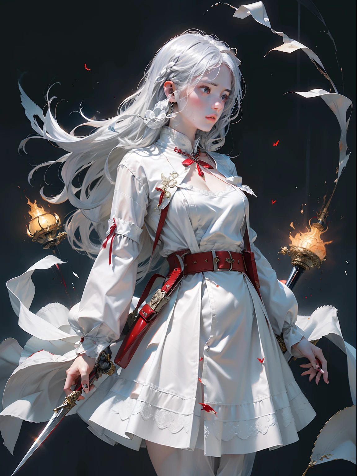 (Fidelity: 1.4), Best Quality, Masterpiece, Ultra High Resolution, Poster, 8K, Fantasy Art, Dynamic Lighting, Art Station, Poster, Volume Lighting, Very Detailed Faces, 4k Wallpaper, Award-Winner, A Girl with a Long Sword Sword, White Hair, Long Silver Hair, Red Hair Ornament, Long Hair Flowing, Red Eyes, White Clothes, White Tulle Coat, Clothes Fluttering, Slashing Action, Red Belt, Red Blade, Red Butterfly, Dynamic Perspective, Dramatic Composition, (Ultra: 1.4), ancient Chinese battlefield background, blood stains, many enemies, movie lighting,