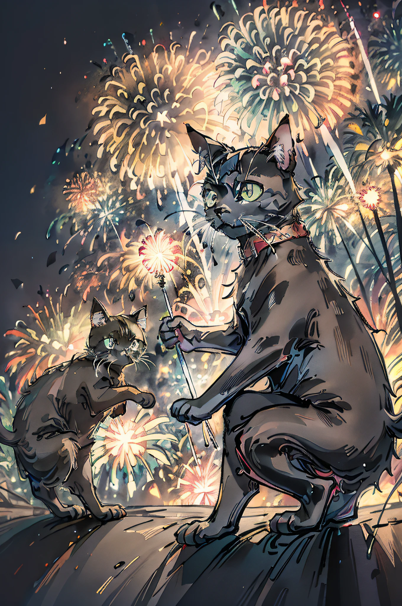 firework background、One black cat