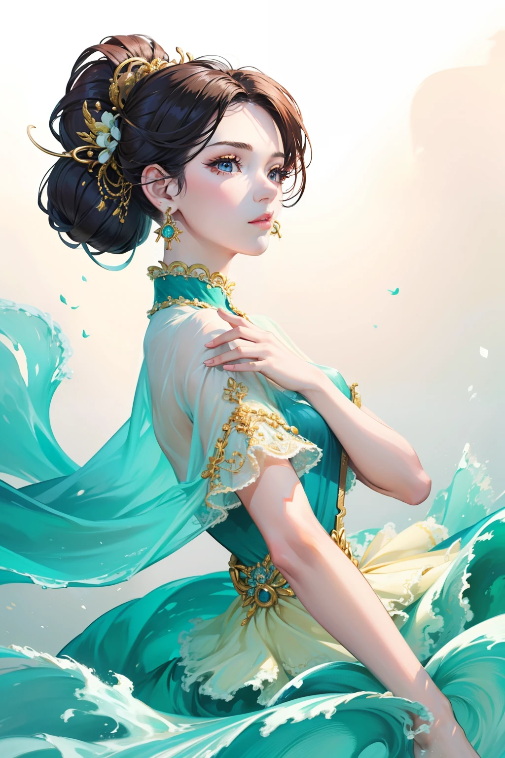 Best quality,masterpiece,ultra high res,(photorealistic_1.4),,solo,1girl,_,baihuaniang,Flowers,Flowers,Soft sunlight,Wind,Flying
