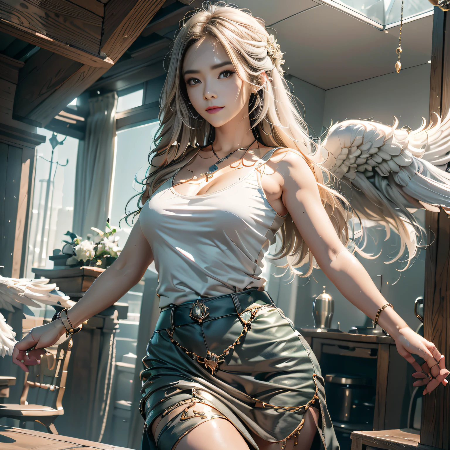 hyper HD, Anatomically correct, retinas, Super detail, Award-Awarded, Best quality, High details, Textured skin, Masterpiece, ccurate, High quality, A high resolution, 8K，1girl in, 独奏, offcial art, Unity 8k wallpaper, ultra - detailed, prettify、Aesthetic, tmasterpiece, top-quality, Photorealsitic, A female angel、Long blonde glowing hair，It has 6 large white wings on its back:2.0、Wings of a bird of prey、Blazing Angel、Silver armor:2.0、Luminous imprint，Luminous imprint，Silver gauntlet、Silver Solette、White fabric、Hair ornaments with small wings、Valkyrie、Very large wide sword、Glowing angel circle、angelic halo:2.0、Light magic、depth of fields, Fantastic atmosphere, calm color palette, Soft Shading、You can see the forest in the distance、See remote mountain castles、ellegance、Full body like、busty figure、Large full breasts、wide waist、Floating in the air:2.0、Flying in the sky:2.0、Fry high in the air、Sky on the steppe、You can see the castle on the hill in the distance