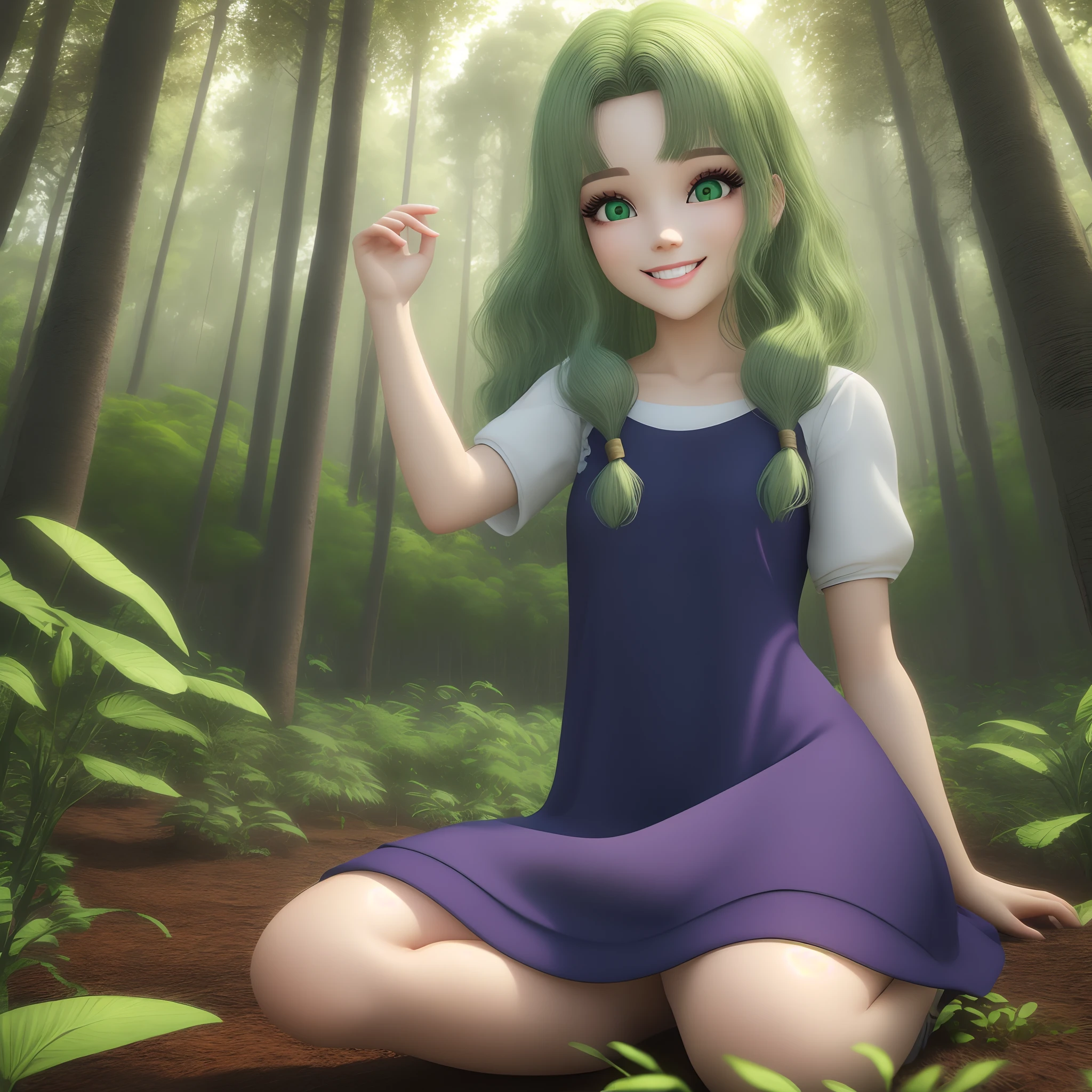 Olhos verdes brilhantes, cabelo verde, cabelo longo, vestido verde, mulher bonita, cabelo e olhos verdes, forest in the background with light particles, mulher com poder das plantas, plantas arrodeando-a, vestido verde recatado, cabelo voando, olhos fixos no espectador, sorriso largo, imagem realista, menina realista, 3D, alta qualidade.
