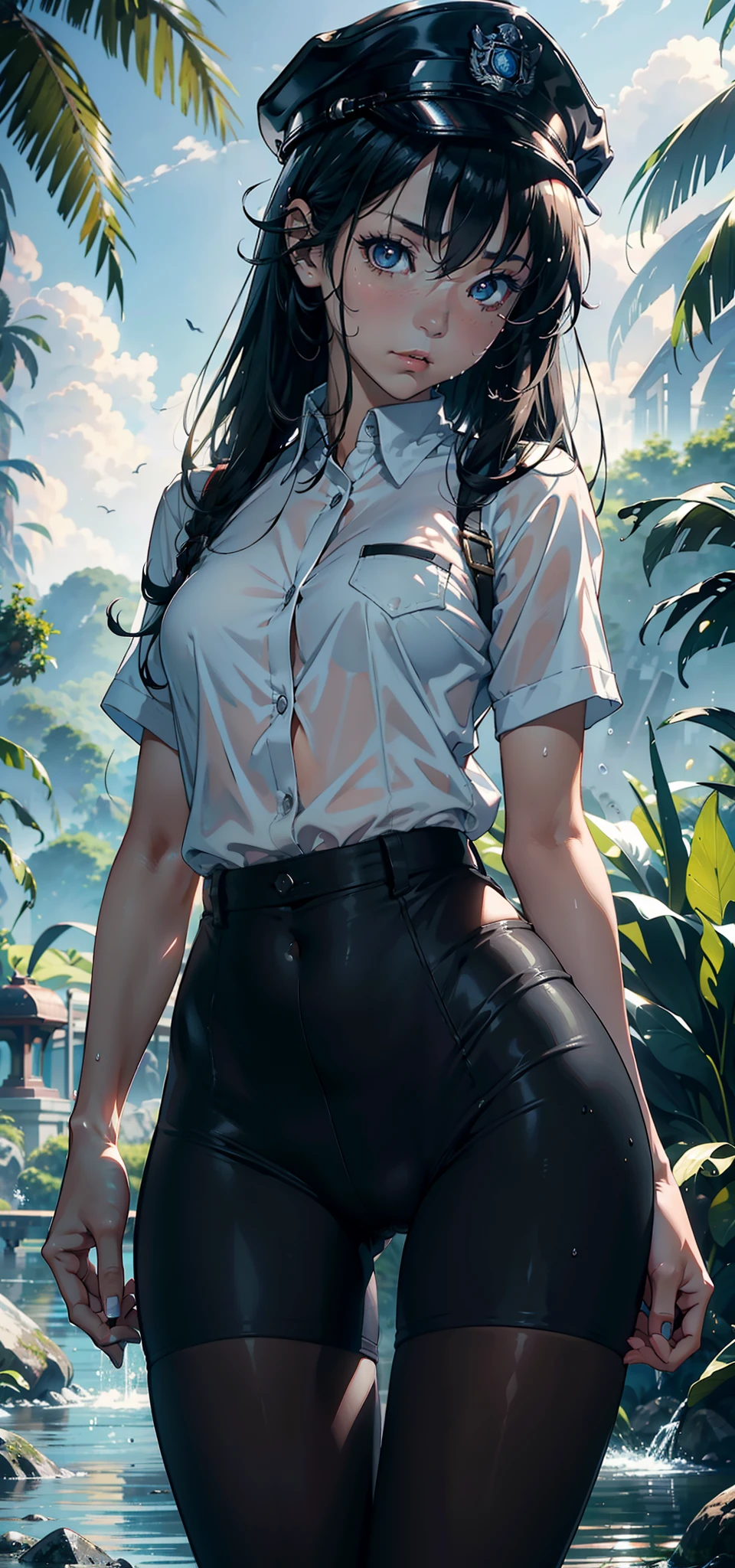 1female,,bit girl,super adorable,Small chest Thin waist,long leges,Buttock augmentation,Pornographic exposure, 独奏,(Background with:hilltop,the rainforest,in summer,Standing water on the ground,exteriors) Feel free to hairstyle,Stride,Sweat profusely,drenched all over the body,seen from the front,Long black hair , mostly cloudy sky,(((tmasterpiece),(Very detailed CG unity 8K wallpaper),best qualtiy,cinmatic lighting,detailed back ground,beatiful detailed eyes,Bright pupils,(Very fine and beautiful),(Beautiful and detailed eye description),ultra - detailed,tmasterpiece,)),facing at camera,A high resolution,ultra - detailed)nakeness,Wipe off panties,revealing breasts,Bare genitalia, Bulge,Camel toes,Raised sexy,Embarrassed expression,Flushed complexion,Open-mouthed,frontage,Officer's cap,(Wearing:White officer shirt,Black pantyhose)