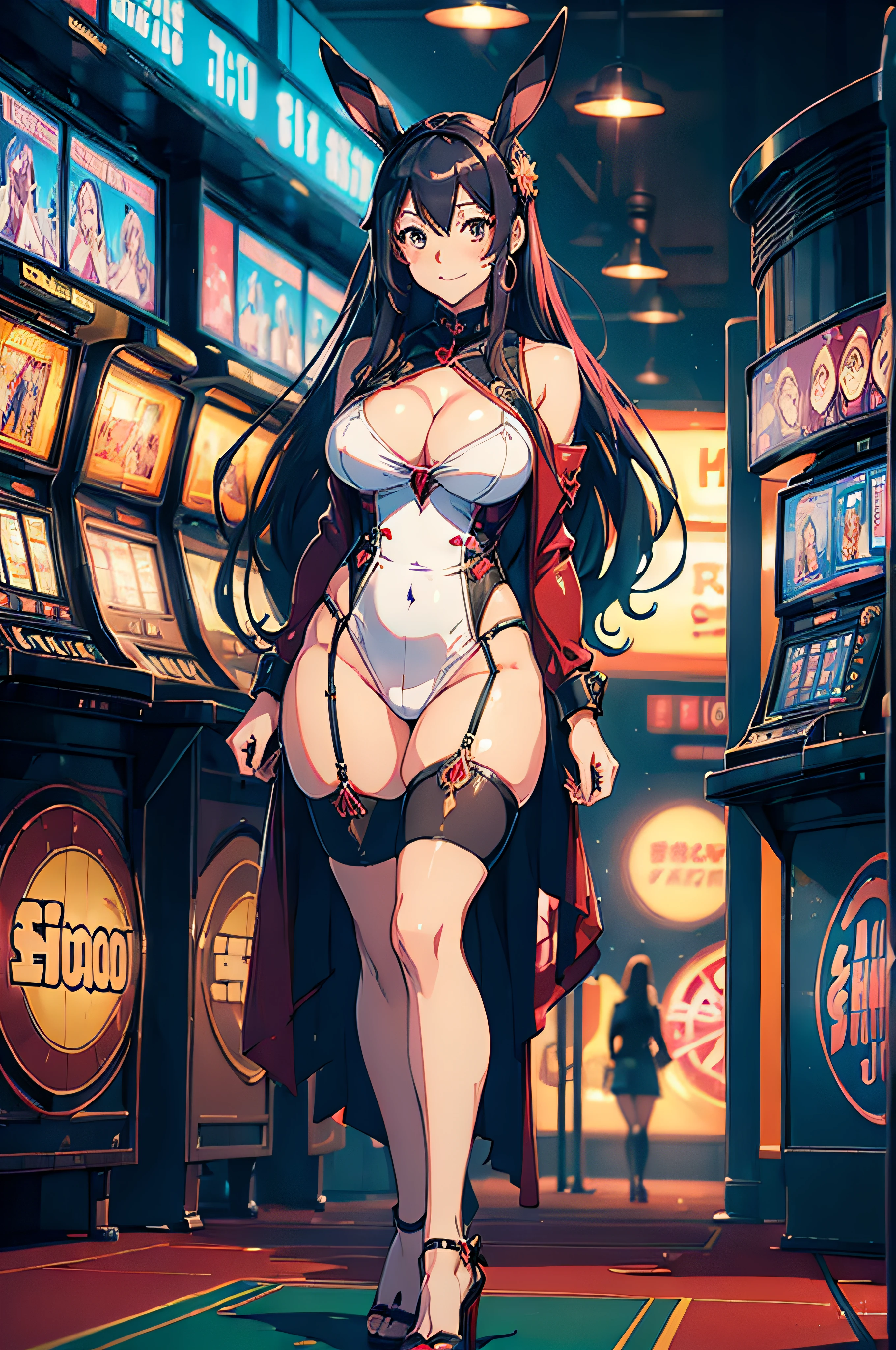 (((One beautiful woman))), (((Soio))), masutepiece, Best Quality, Anime, full body Esbian, ?????????????, bunnygirl, Casino, is standing, Smile, Ray tracing, depth of fields, high key lighting,