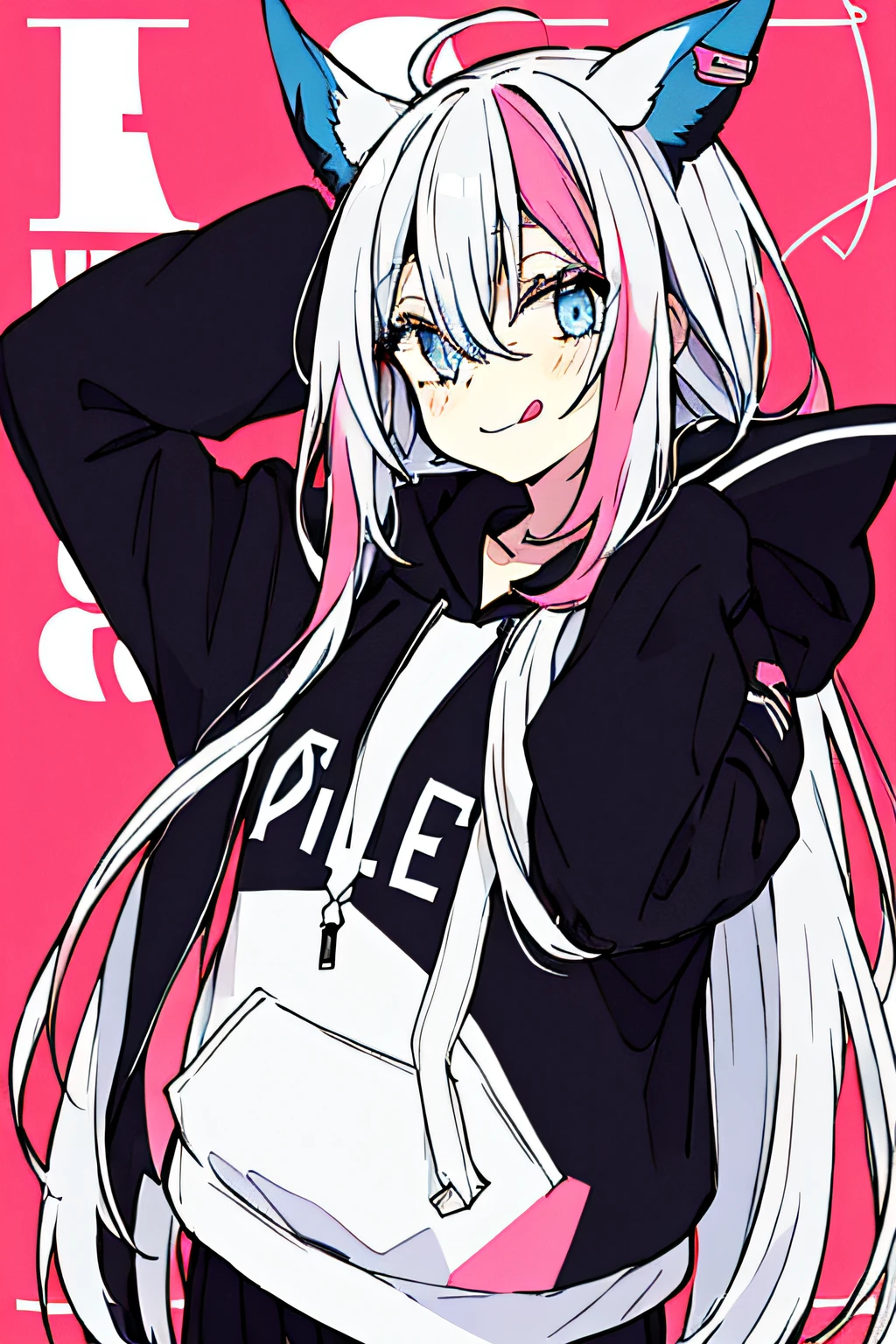 1girl, solo, hood, blue eyes, tongue, tongue out, long hair, long sleeves, bangs, hood up, black hoodie, arm up, upper body, multicolored hair, looking at viewer, white hair, hair between eyes, puffy long sleeves, hoodie, puffy sleeves, pink hair, drawstring, blush, closed mouth, :p, fake animal ears, virtual youtuber, sleeves past wrists, smile, horns, black jacket, jacket, two-tone hair