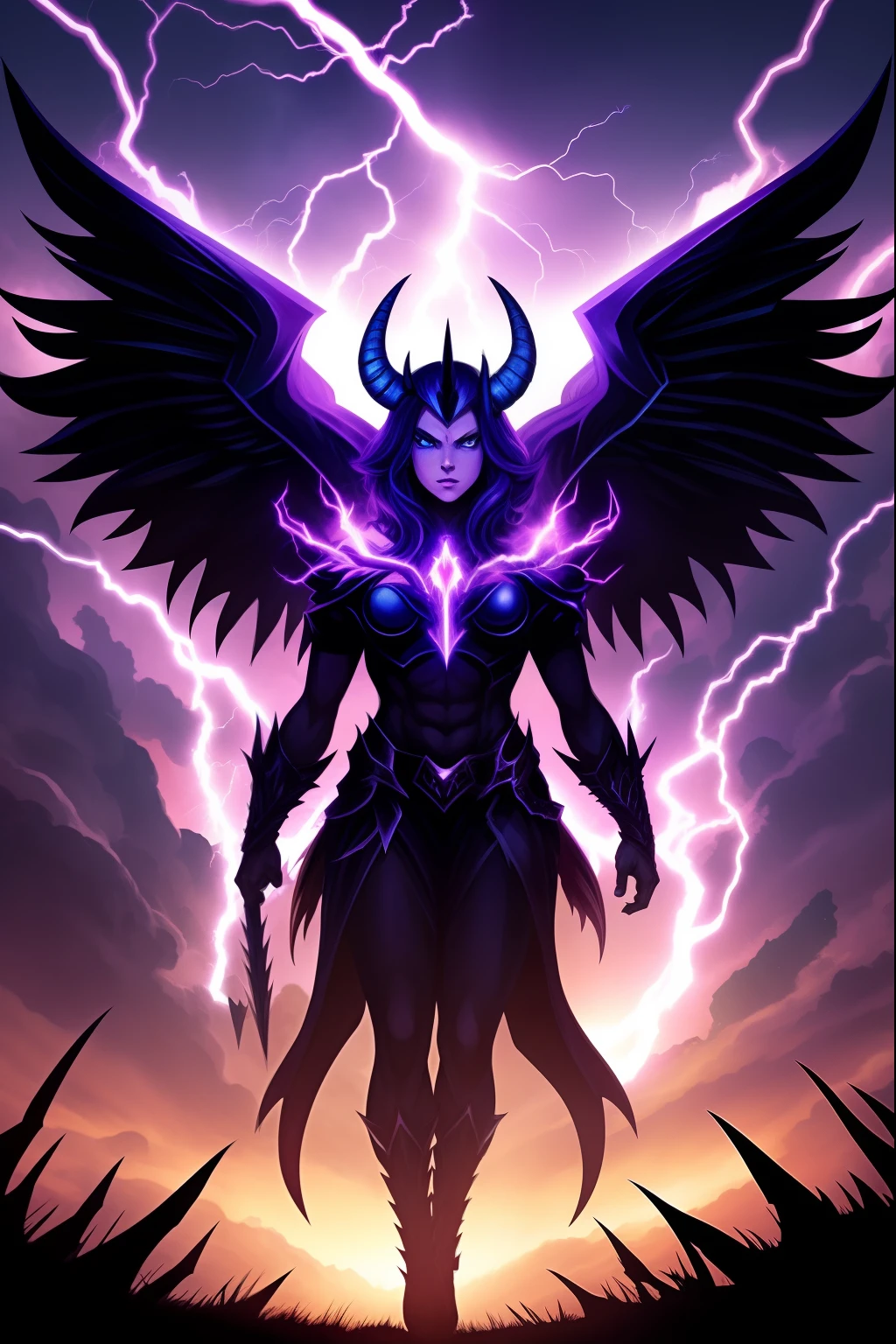 Lisa Ann as a hyper-giant, Hyper-powerful demon with a demon horn on its head and demon wings, and throws purple lightning bolts at a building, ville en ruine post apocalyptique,