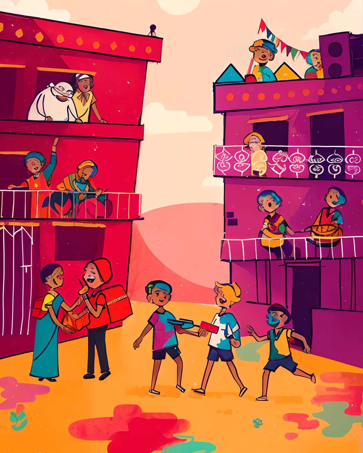 Illustration of a group of people standing on the balcony of a building, editorial illustration colorful, colorful kids book illustration, author:Otis Pascali, colorful illustrations, author:Inglida Juniper, editorialillustrations, Colorful illustration, author:Saurabh Jethani, author:Matt Stewart, colorful illustrations, author:Ella Guru, author:Lee Loveridge, children illustration