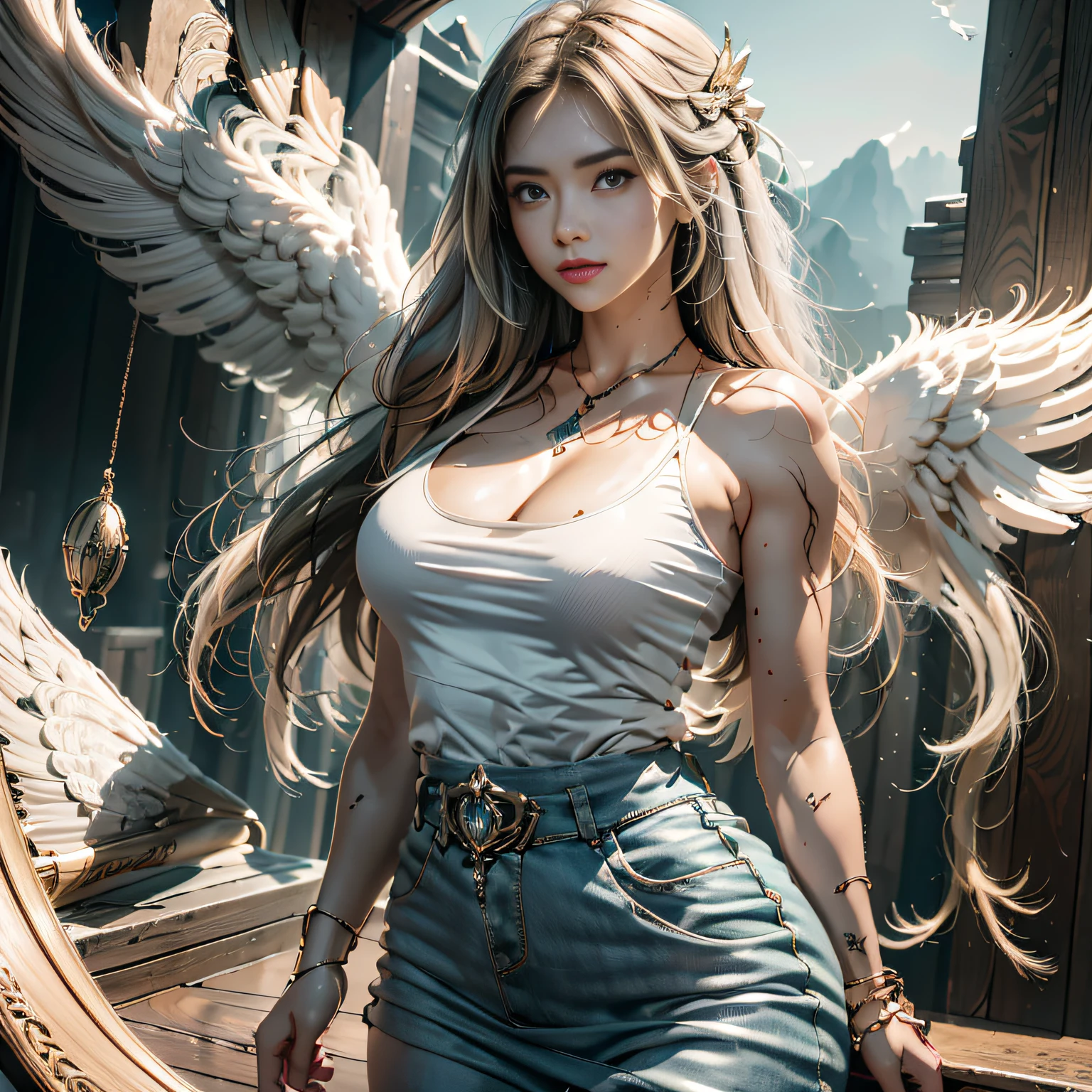 hyper HD, Anatomically correct, retinas, Super detail, Award-Awarded, Best quality, High details, Textured skin, Masterpiece, ccurate, High quality, A high resolution, 8K，1girl in, 独奏, offcial art, Unity 8k wallpaper, ultra - detailed, prettify、Aesthetic, tmasterpiece, top-quality, Photorealsitic, A female angel、Long blonde glowing hair，It has 6 large white wings on its back:2.0、Wings of a bird of prey、Blazing Angel、Silver armor:2.0、Luminous imprint，Luminous imprint，Silver gauntlet、Silver Solette、White fabric、Hair ornaments with small wings、Valkyrie、Very large wide sword、Glowing angel circle、angelic halo:2.0、Light magic、depth of fields, Fantastic atmosphere, calm color palette, Soft Shading、You can see the forest in the distance、See remote mountain castles、ellegance、Full body like、busty figure、Large full breasts、wide waist、Floating in the air:2.0、Flying in the sky:2.0、Fry high in the air、Sky on the steppe、You can see the castle on the hill in the distance