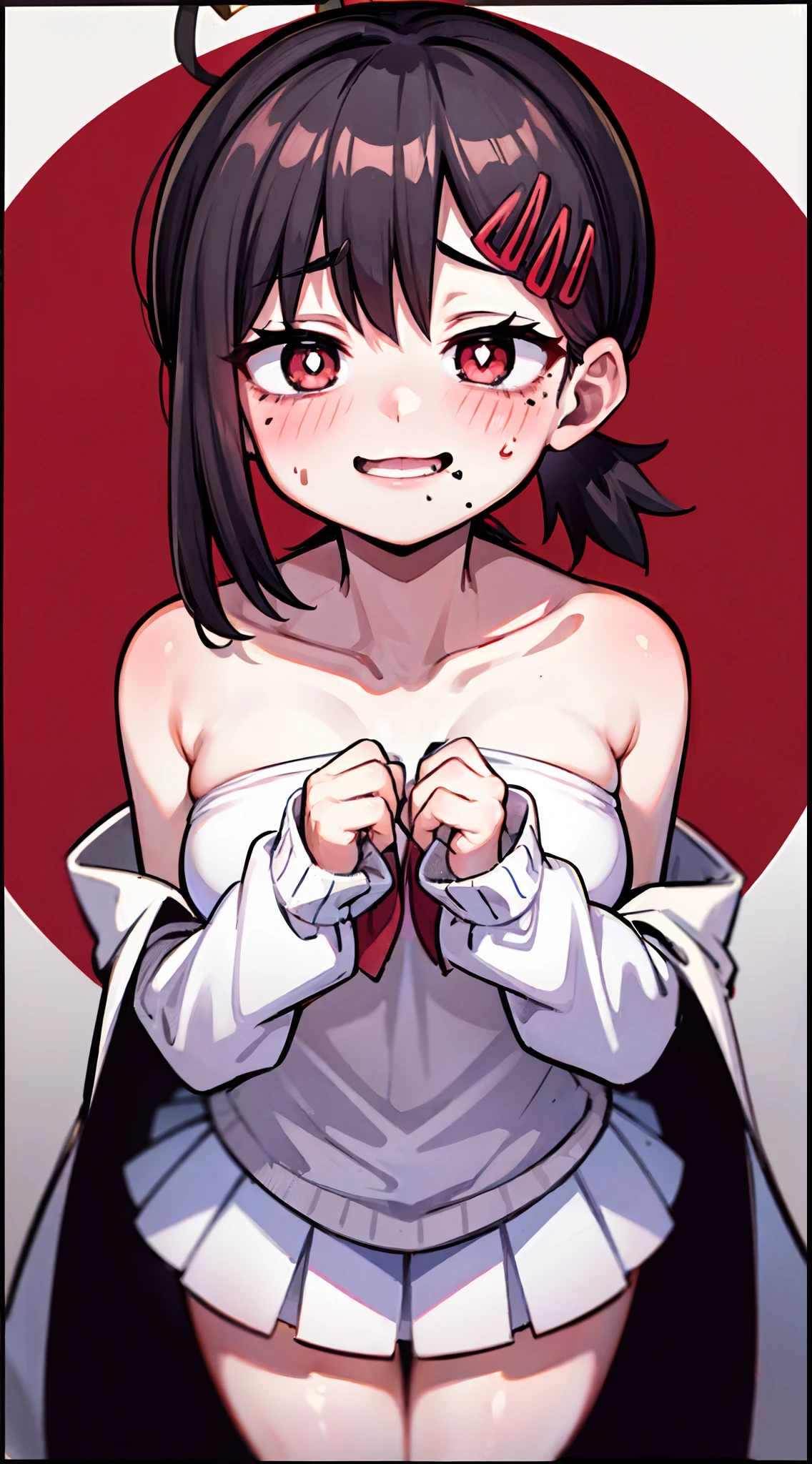 (beste-Qualit, 8K, 12), 1 girl, kaguya, black hair, the perfect body, ultra detail face, detailed lips, Excited, convex areolas, (((very small boobs))), red ribon, red eyes, (((naked:1.3))), ashamed, from above, kneeling, mans pov, nipples, bed, tied hair