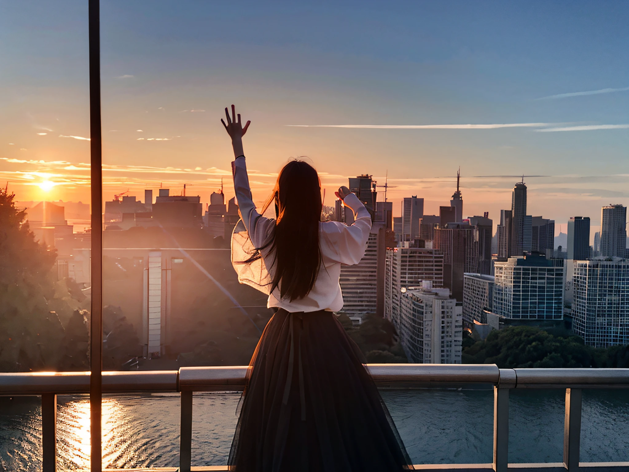 photorealestic,siluette,1girll, As estrelas (Skysky), Clouds, view over city, build, 城市, exteriors, skyscrapper, City lights, the night, nigh sky, the sunset, skylines