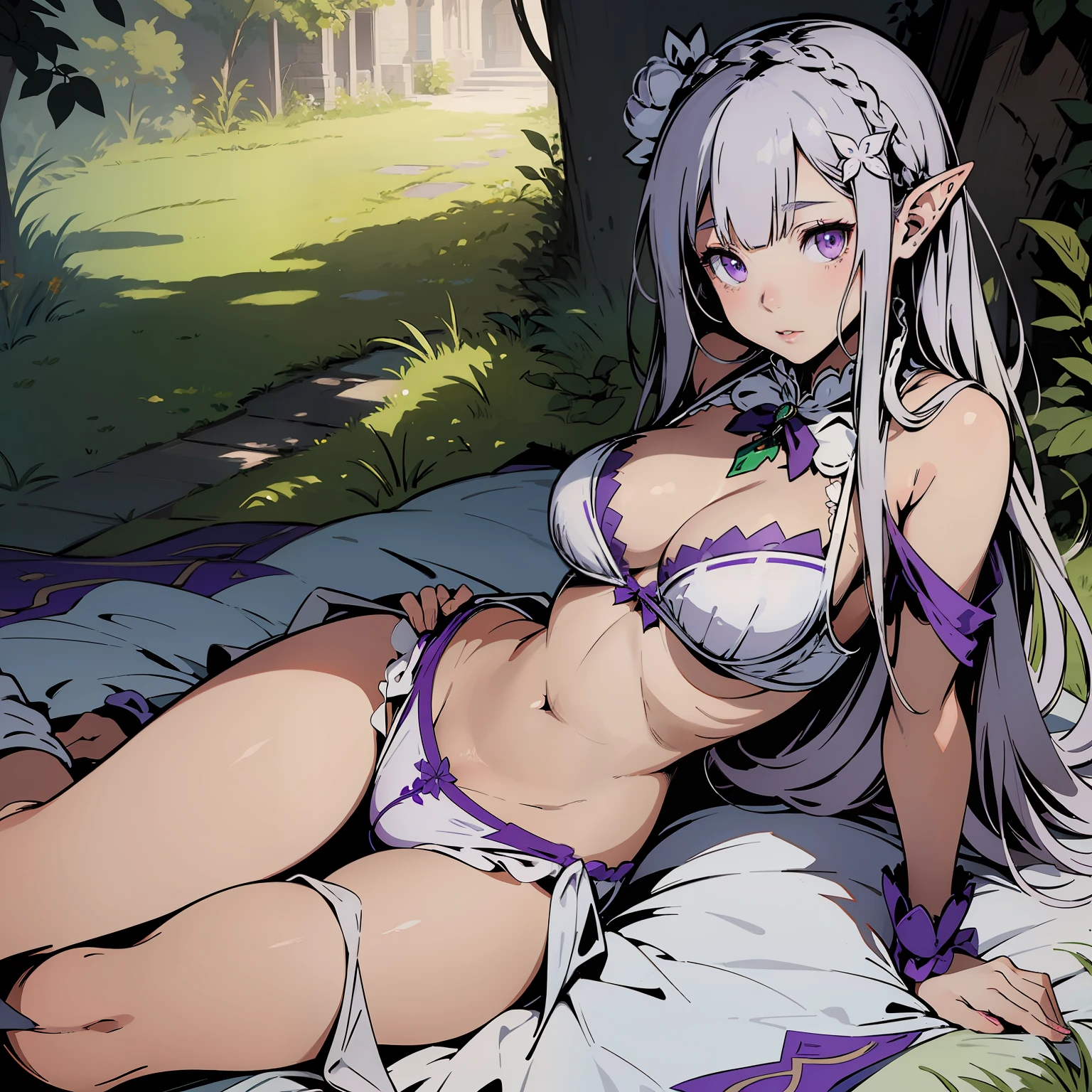 (masterpiece, best quality), (detailed face and eyes) Emilia from Rezero, beautiful girl, lying down, (detailed beautiful eyes) underwear, full body shot, long silver hair, purple eyes, visible bellybutton, elf ears