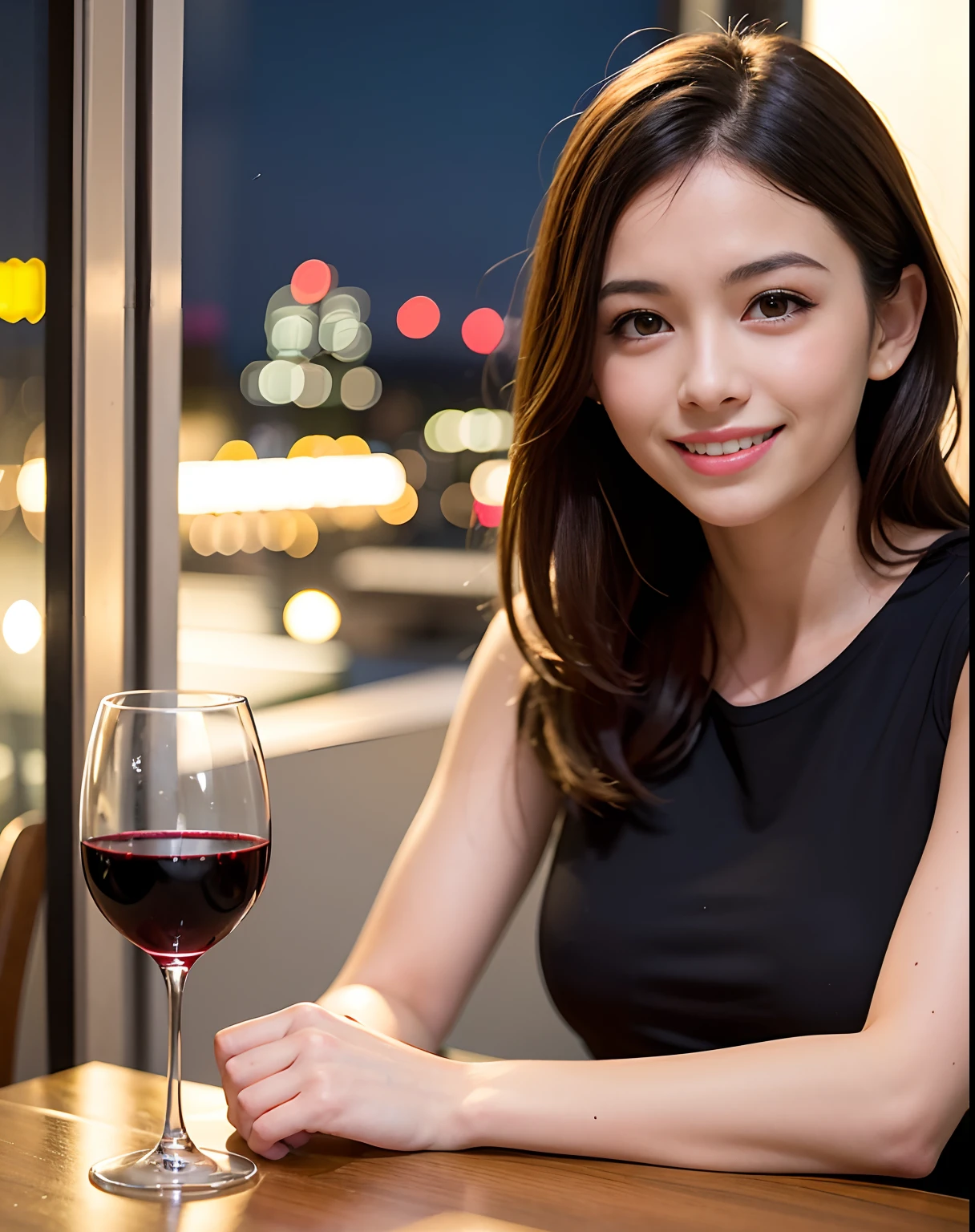 (64K, UHD, top quality, masterpiece: 1.2), (realistic, photorealistic: 1.37), super detailed, pretty woman 1 person, (slim face), (slim body), (brown hair), (short cut), cheeks slightly blushing, (44 years old), 38 years old, solo, beautiful detailed urban night view outside the window, restaurant, wine glasses sit, at night, in a prominent placeNovaFrogStyle, Actress, Model, Waist Up, White Wine, Slim, Wine Glass, Super Clean Night View, Wine Glass Put in the Middle, Happy Smile, (Smile: 1.15), Beautiful Fine Eyes, Upper Body, Bust Japan Up, Night, Short, Short, Actress, Model, Waist Up, White Wine, Slim, Wine Glass, Super Clean Night View, Wine Glass Put in the Middle, Happy Smile,