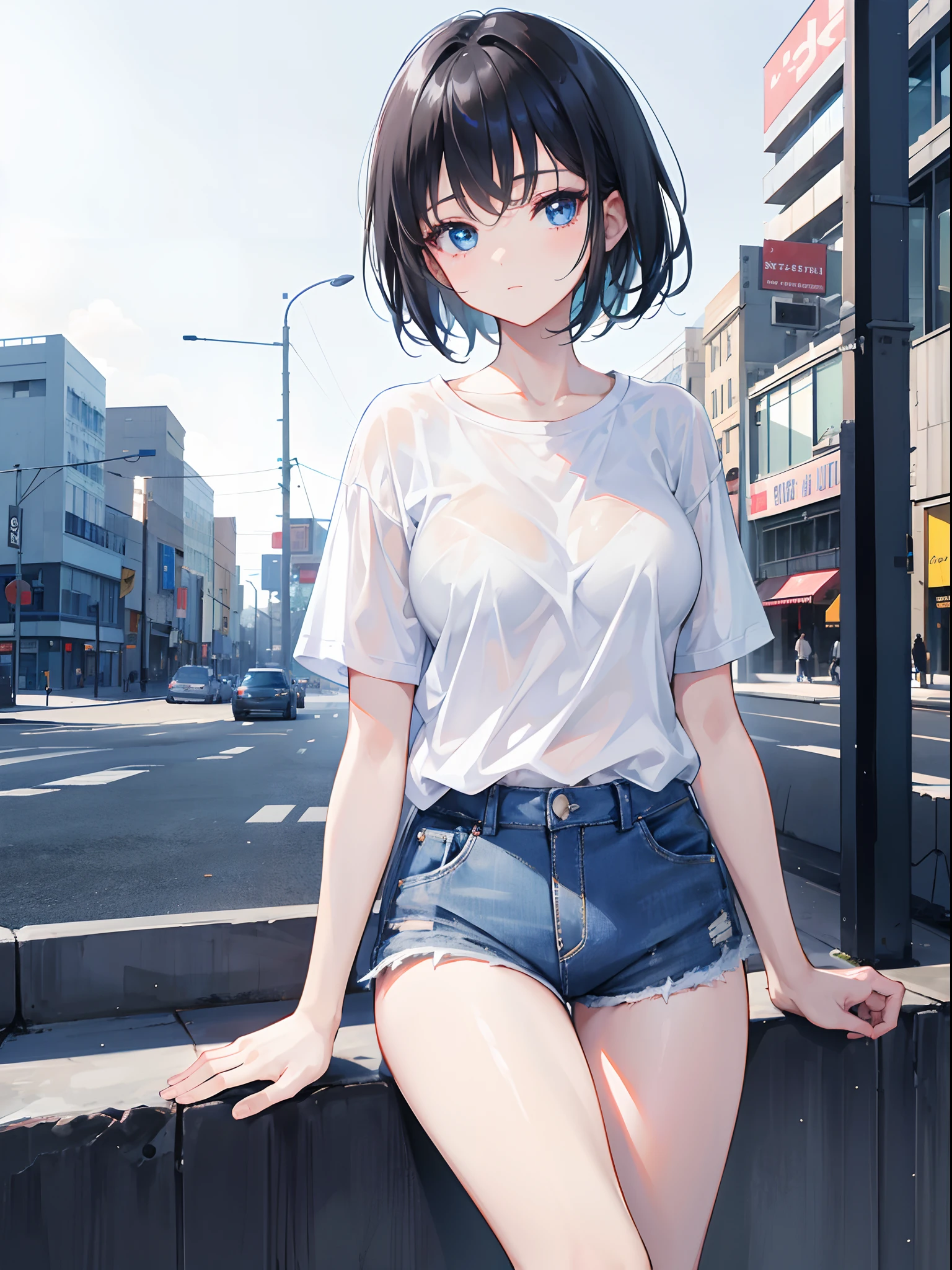 1girl, Short Black Hair, Blue Eyes, Wearing Plain White Shirt, Denim Shorts, City, Absurdres, High Res, Ultrasharp, 8K, Masterpiece. Looking At Viewer, 8k