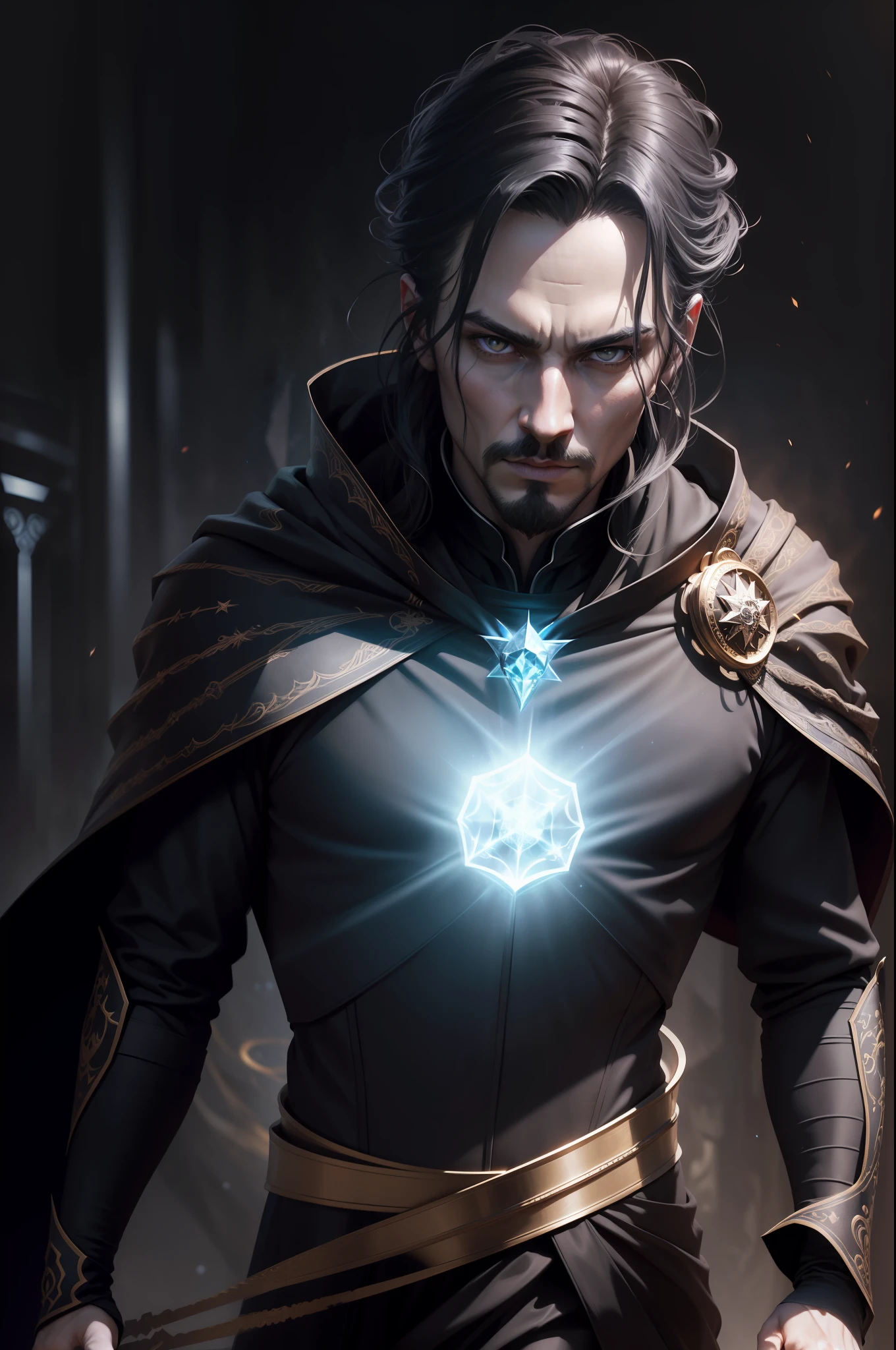 fully body photo, facing camera, gotik((Male magician))Realistic digital painting portrait, Magical deep black universe, Male magic cloth，Black is carved in intricate details, sport, Walking forward, Slow motion, Attentive eyes, (abstract backgrounds:1.2), (game concept:1.3), (Elden ring style:1.3), (Arcane style:0.8), (Depth of field:1.3), voluminetric lighting, Global illumination, Doctor Strange style reference