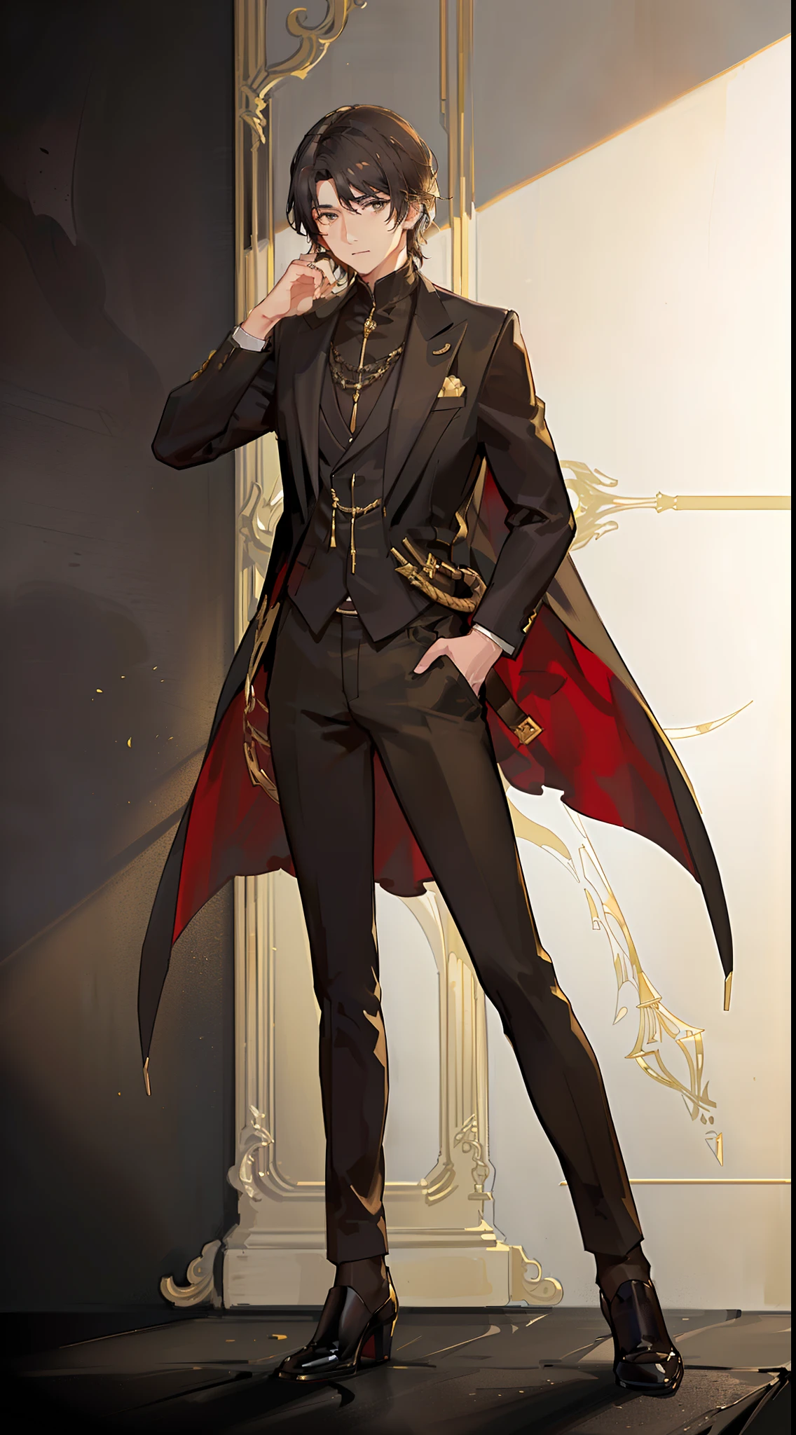 Young guy, short brown hair, Cyan eyes, Black suit with gold elements, Masterpiece, hiquality