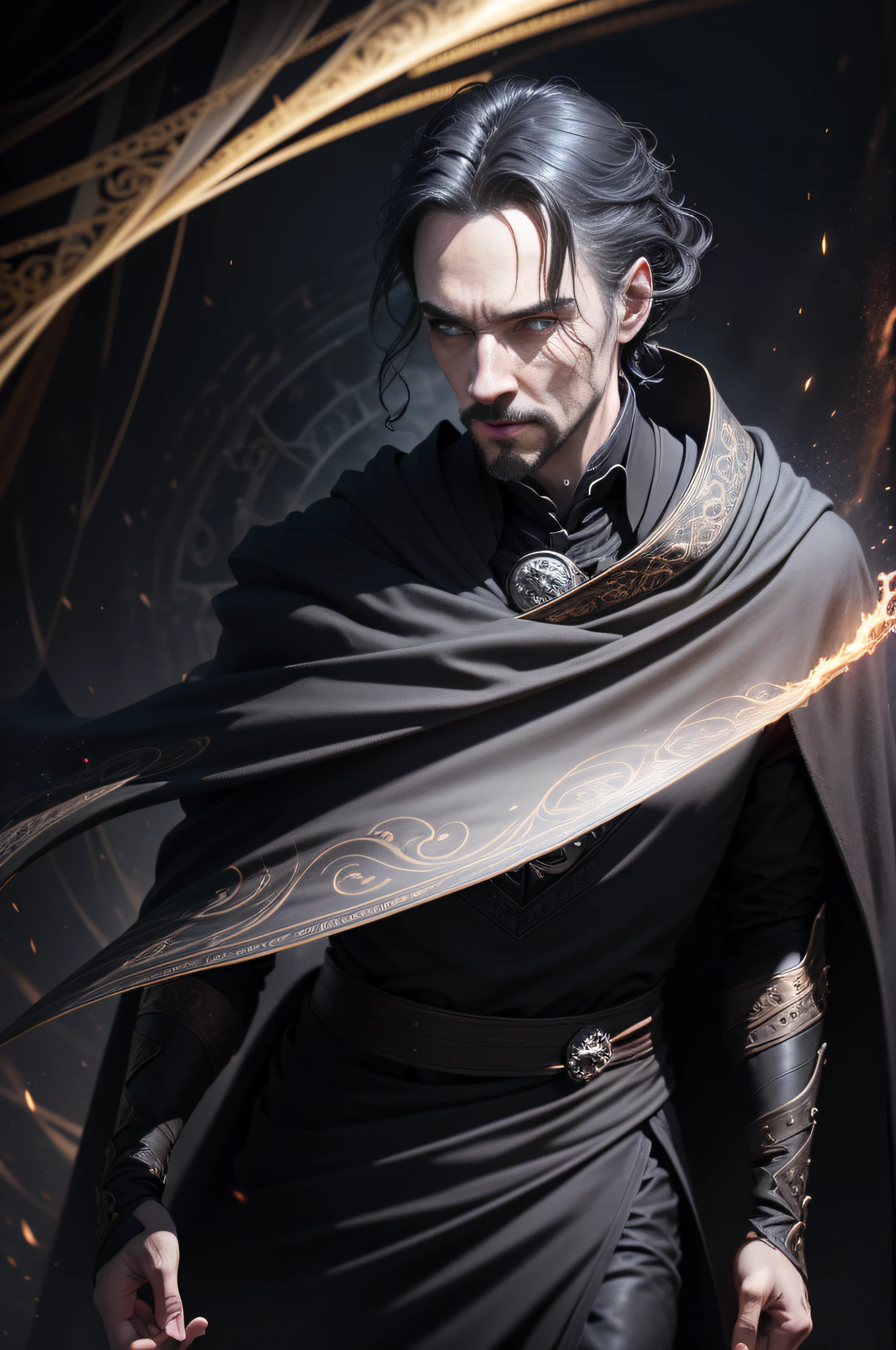 fully body photo, facing camera, gotik((Male magician))Realistic digital painting portrait, Magical deep black universe, Male magic cloth,Black is carved in intricate details, sport, Walking forward, Slow motion, Attentive eyes, (abstract backgrounds:1.2), (game concept:1.3), (Elden ring style:1.3), (Arcane style:0.8), (Depth of field:1.3), voluminetric lighting, Global illumination, Doctor Strange style reference