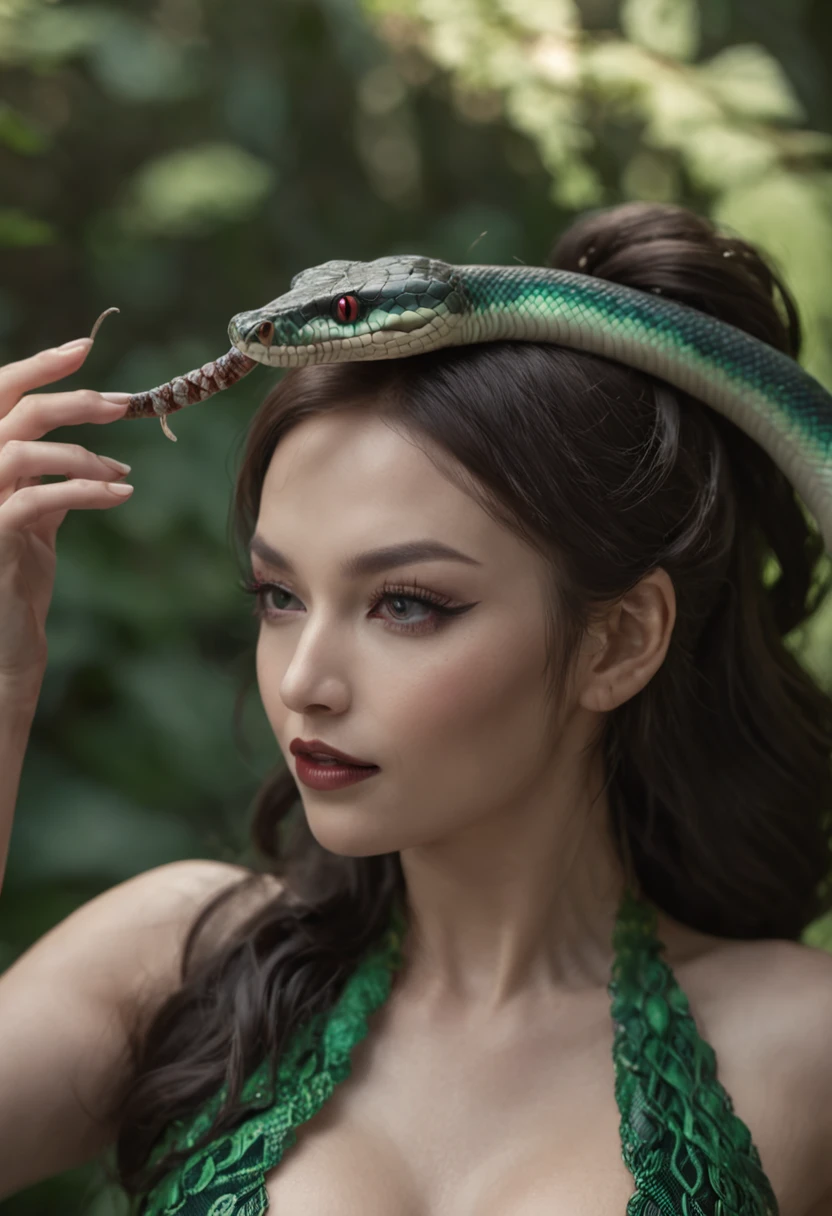 1 beautiful woman, (snake hair:1.2), seductive gaze, sensual lips, flawless skin, long eyelashes, piercing eyes, green scales, elegant snake-like movements, (serpent tongue:0.8), enchanting smile, flowing hair, (venomous fangs:1.3), alluring charm, (coils of snakes around her body:1.5), mythical creature, mythical setting, dark forest, moonlit night, eerie ambiance, (misty atmosphere:1.2), fantasy, sensual temptress, (snake scales patterned dress:1.4), (glowing snake eyes accessories:1.2), magical powers, (snake hissing sound), mesmerizing, dangerous beauty, surreal, otherworldly, mysterious, (levitating serpents:1.3), reptilian goddess, bewitching presence.