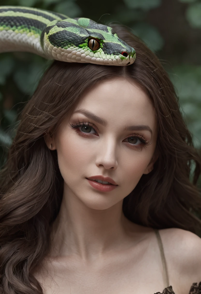 Sexy curvy russian woman in bikini, perfect eyes, big tits and thick ass, cleveage, covered with crawling snakes, Medusa looking, seducing form, sitting on an evil throne, throne room background, sword cuts and bruises on face, detailed skin texture, vibrant colours, great exposure, realistic, blood, 8k, hyper realistic, ultra HD