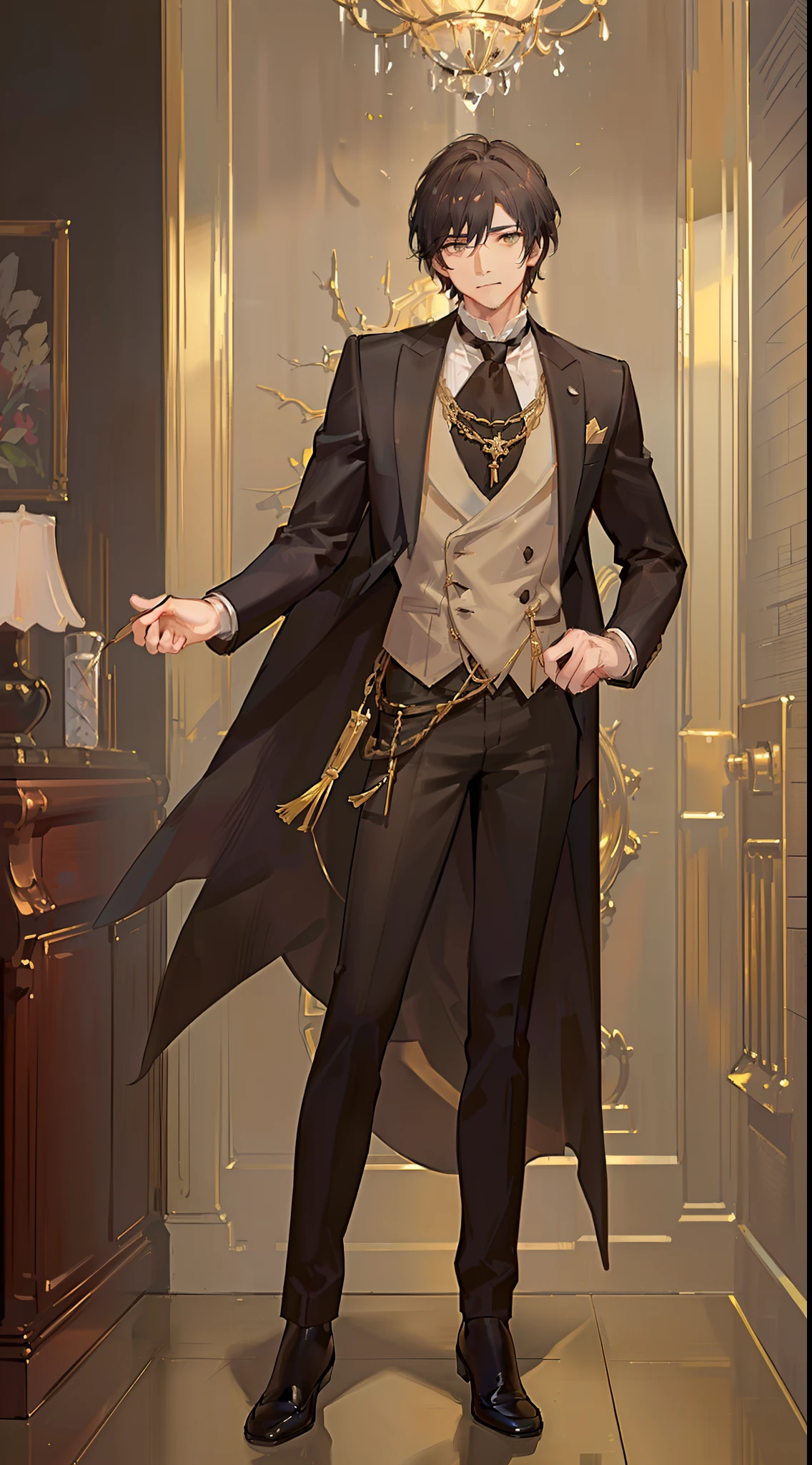 Young guy, short brown hair, Cyan eyes, Black suit with gold elements, Masterpiece, hiquality