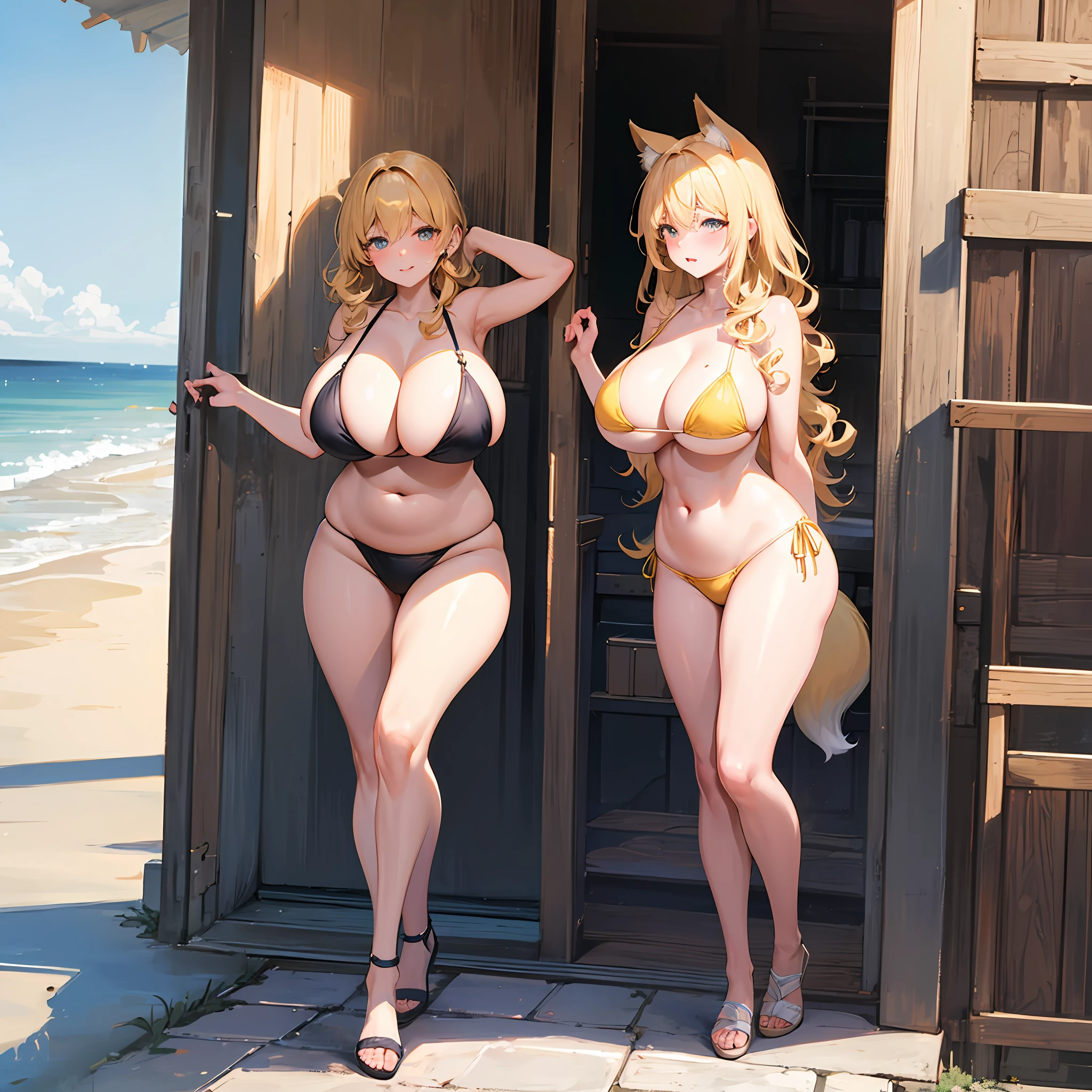 Absolutely beautiful fox charmer, perfect slim body, mature, yellow hair, large curly hair, bikini swimsuit, sexy and seductive, beautiful face, full body portrait, standing pose, 4K picture quality, big body, feminine expression, blush shyness, outrageously large bust, deep eyes, seaside bath, plump big, huge breasts
