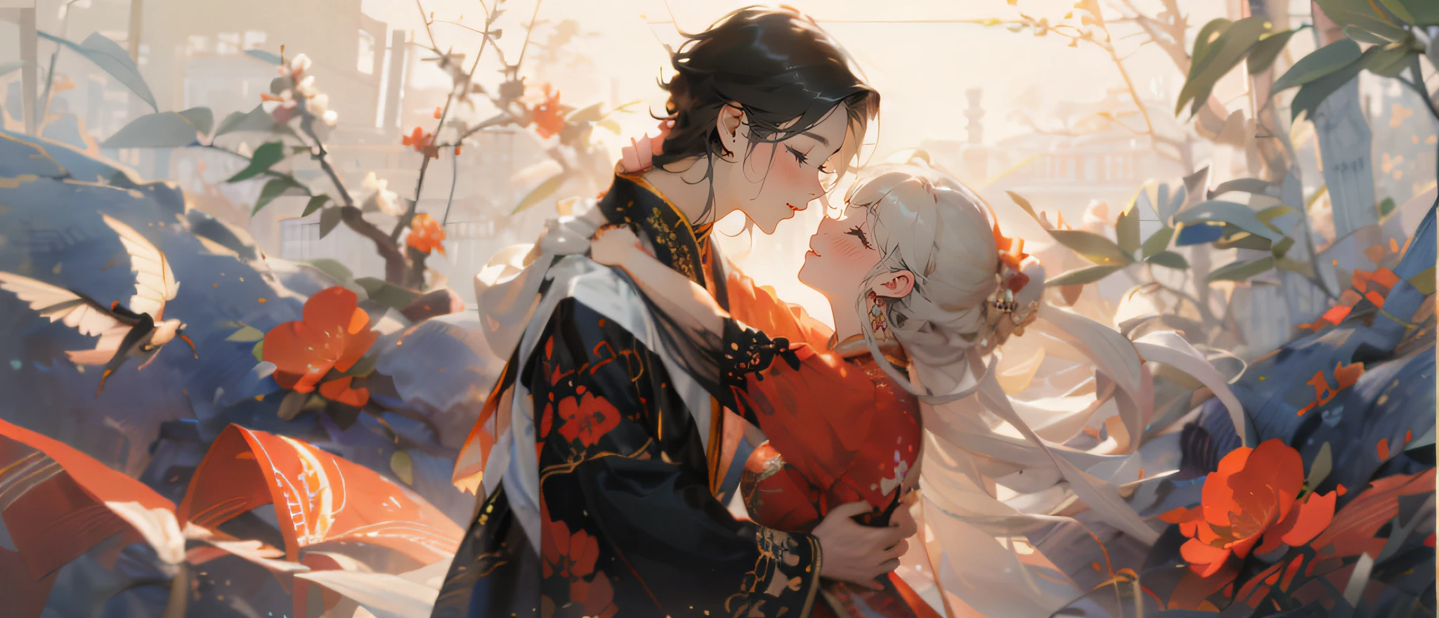 (Super detailed CG unity 8k personality wallpaper，Masterpiece level,Best picture quality),（a young man and a woman），A couple，is dancing，Pleasure，gleeful，Love，love heart，magpie，Chinese costumes，China-style，meticuloso，Super meticulous，hyper HD，Valentine's Day，𝓡𝓸𝓶𝓪𝓷𝓽𝓲𝓬，warm