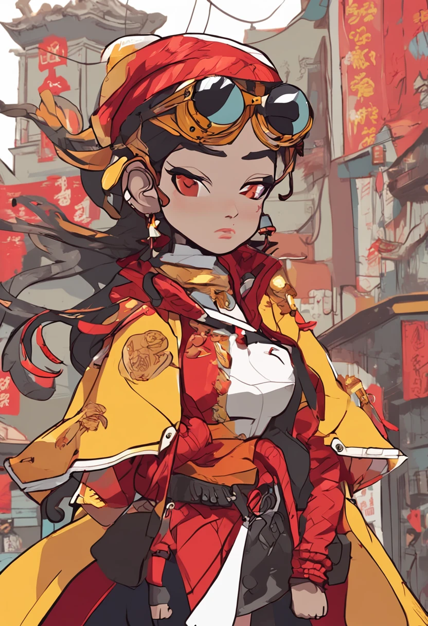 Monkey king , Characteristics of China's Journey to the West , Cartoon illustration of Rebecca graffiti , Wear a red and yellow coat , Glaring ahead , The style is garbage beauty , mixed patterns , Text and emoji devices , charming character illustration , Fashion Tech - AR 3:4 --niji 5 --s 400