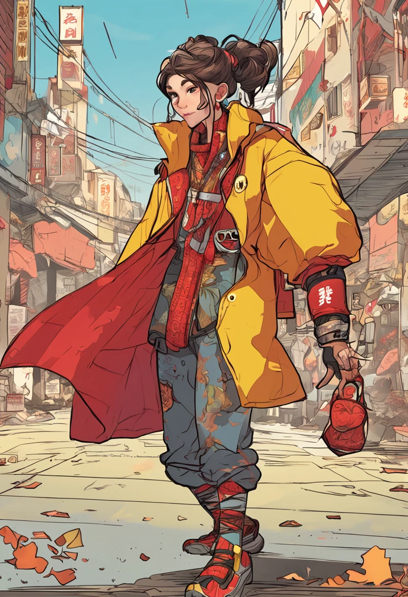 Monkey king , Characteristics of China's Journey to the West , Cartoon illustration of Rebecca graffiti , Wear a red and yellow coat , Glaring ahead , The style is garbage beauty , mixed patterns , Text and emoji devices , charming character illustration , Fashion Tech - AR 3:4 --niji 5 --s 400
