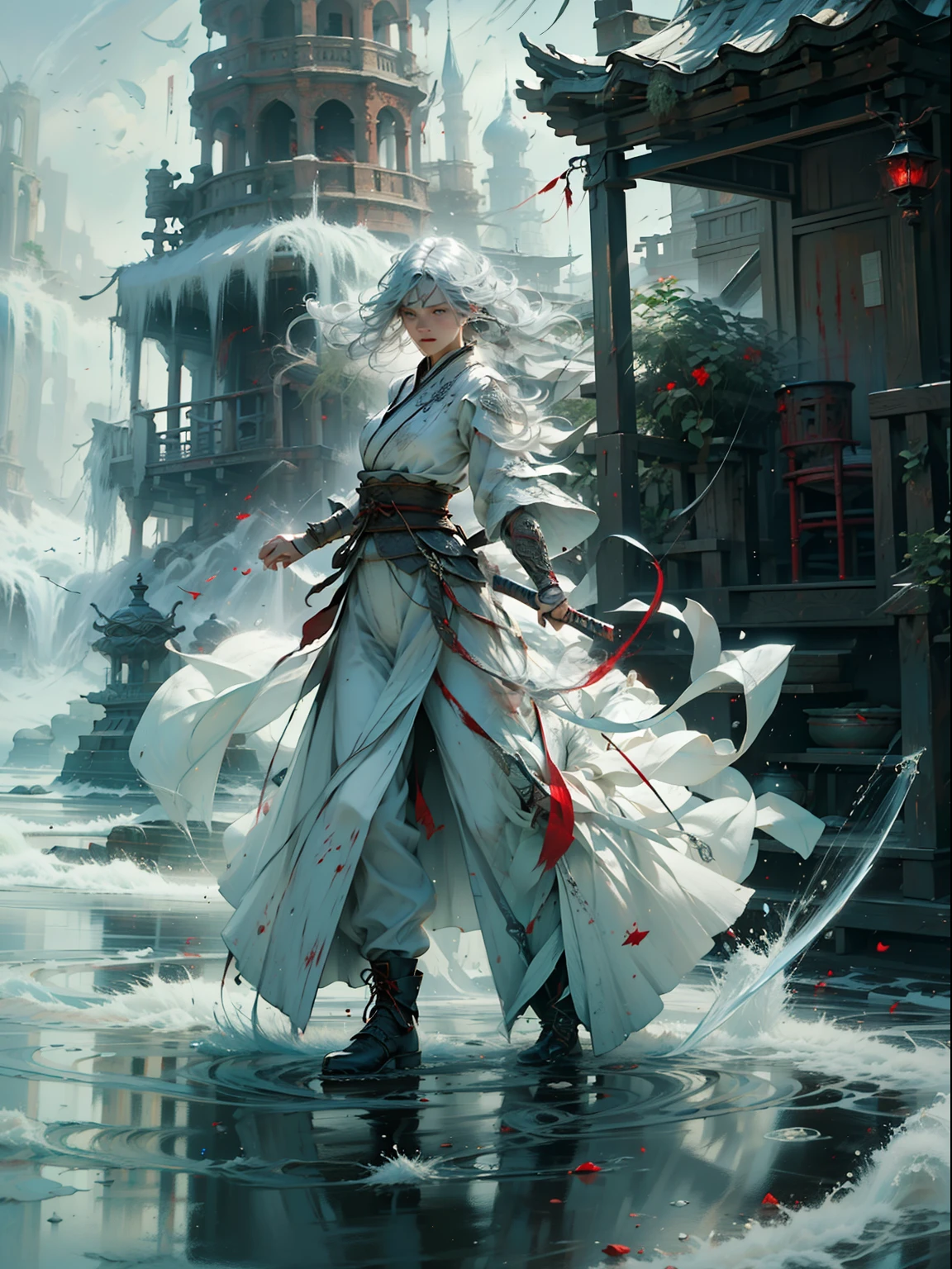 (Fidelity: 1.4), Best Quality, Masterpiece, Ultra High Resolution, Poster, 8K, Fantasy Art, Dynamic Lighting, Art Station, Poster, Volume Lighting, Very Detailed Faces, 4k Wallpaper, Award-Winner, A Girl with a Long Sword Sword, White Hair, Long Silver Hair, Red Hair Ornament, Long Hair Flowing, Red Eyes, White Clothes, White Tulle Coat, Clothes Fluttering, Slashing Action, Red Belt, Red Blade, Red Butterfly, Dynamic Perspective, Dramatic Composition, (Ultra: 1.4), ancient Chinese battlefield background, blood stains, many enemies, movie lighting,