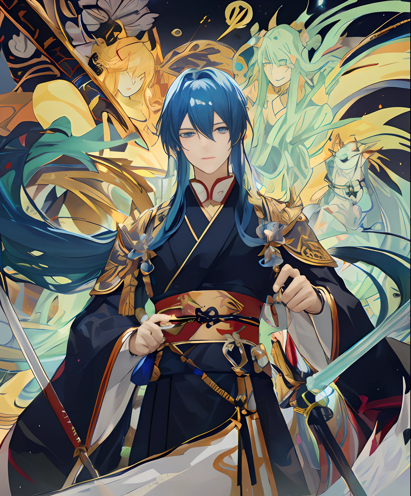 Anime - Style image of a handsome guy with blue hair holding a sword, There is a third eye in the middle of the eyebrows, which is from the Keqing of Genshin impact, handsome guy in demon killer art, anime in fantasy style, Anime fantasy illustration, zhongli from genshin impact, Onmyoji detailed art, style of anime4 K, Anime fantasy artwork, Anime art wallpaper 4k, Anime art wallpaper 4 K