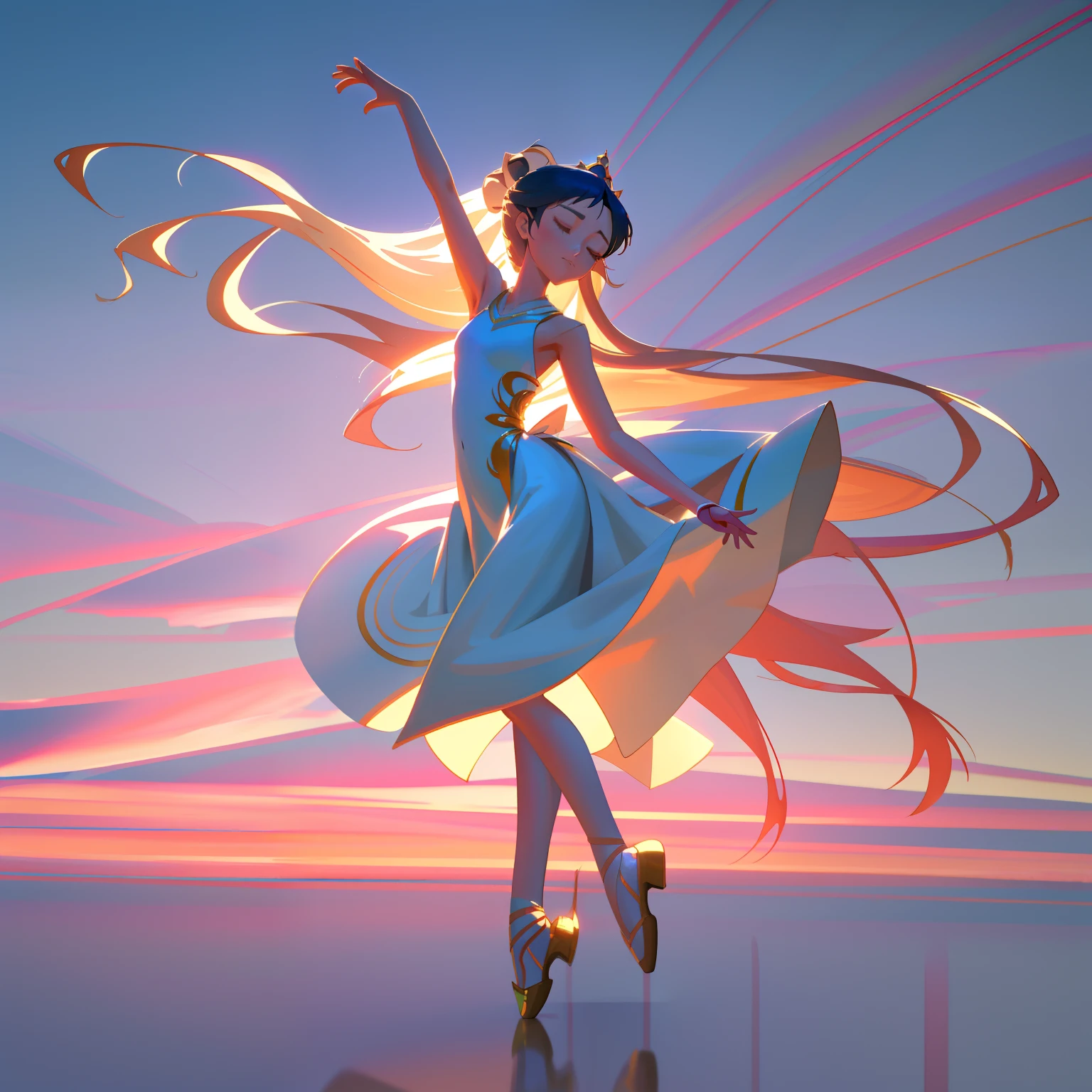 A beatiful Asian girl with long hair is dancing in the clouds like a ballerina, graceful and peaceful, detailed features, beautiful closed eyes, detailed long lashes, white ballerina dress and shoes, beautiful anime girl, digital anime illustration, fanart best artstation, digital anime art, detailed digital anime art, realistic anime 3 d style, beautiful young girl, full body length shot