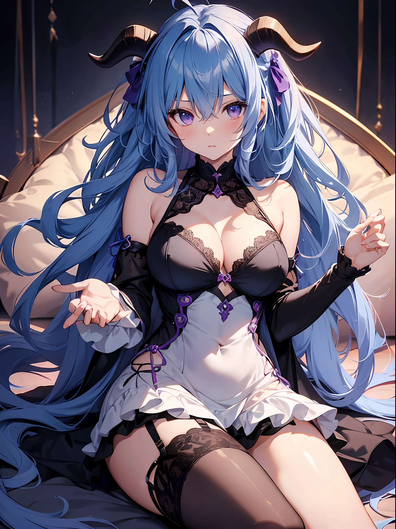 (Realism, real shoot, Cosplay, cosplay-girl, cosplayer), 8kK,  。.3D, ultra-detailliert, smalldetailed,masutepiece, Best Quality, 1girl in, Solo, Long hair, (Big breasts),Sexy body,  blush, Bangs, thighs thighs thighs thighs, seductive transparent dress, nightgown, slim lace bra, slim lace panties, cleavage, hair between eye, Bare shoulders, sitting on lap, Very long hair, Blue hair, Purple eyes, Ahoge, thighs thighs thighs thighs, Parted lips, Horns, Sleeveless, alternate costume, Armpits, slim dress, white thighhig, Clothes Cutout, cleavage cutout, Black background, full-body view,  Goat horns, ganyu /(GenshinImpact/), ( ganyu ),