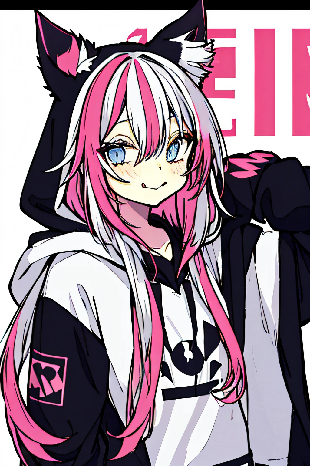 1girl, solo, hood, blue eyes, tongue, tongue out, long hair, long sleeves, bangs, hood up, black hoodie, arm up, upper body, multicolored hair, looking at viewer, white hair, hair between eyes, puffy long sleeves, hoodie, puffy sleeves, pink hair, drawstring, blush, closed mouth, :p, fake animal ears, virtual youtuber, sleeves past wrists, smile, horns, black jacket, jacket, two-tone hair