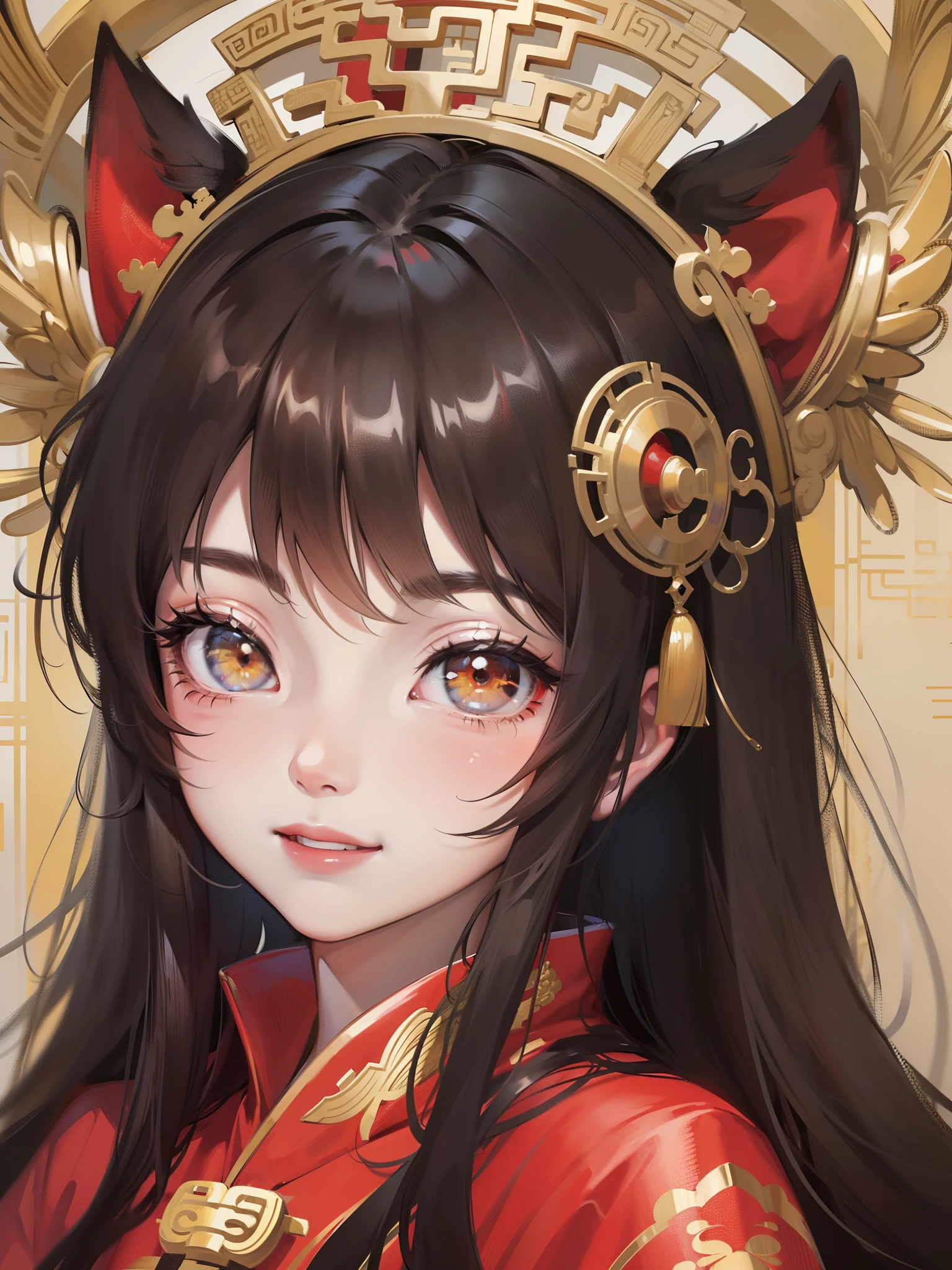 1 ,(Long hair with black shawl),Gold eyes,Red silk robe in ancient Chinese style,Childish feelings,smiling expression,A masterpiece,There are God's eyes,In the background is a quaint Chinese room,Close-up portrait of the face