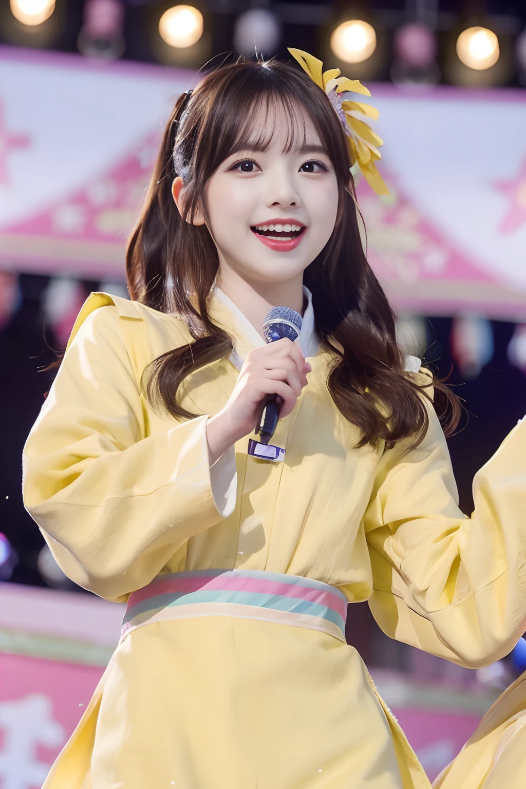 「NSFW」4k、high-detail、japanaese girl、Healthy skin、modeled、Fluttering Dresses、kawaii faces、Popular Japan idols with a smile、Big eye false eyelashes、(((Dancing and singing on stage)))、Lit up、jumpping、Korean adult idols、Mature costume