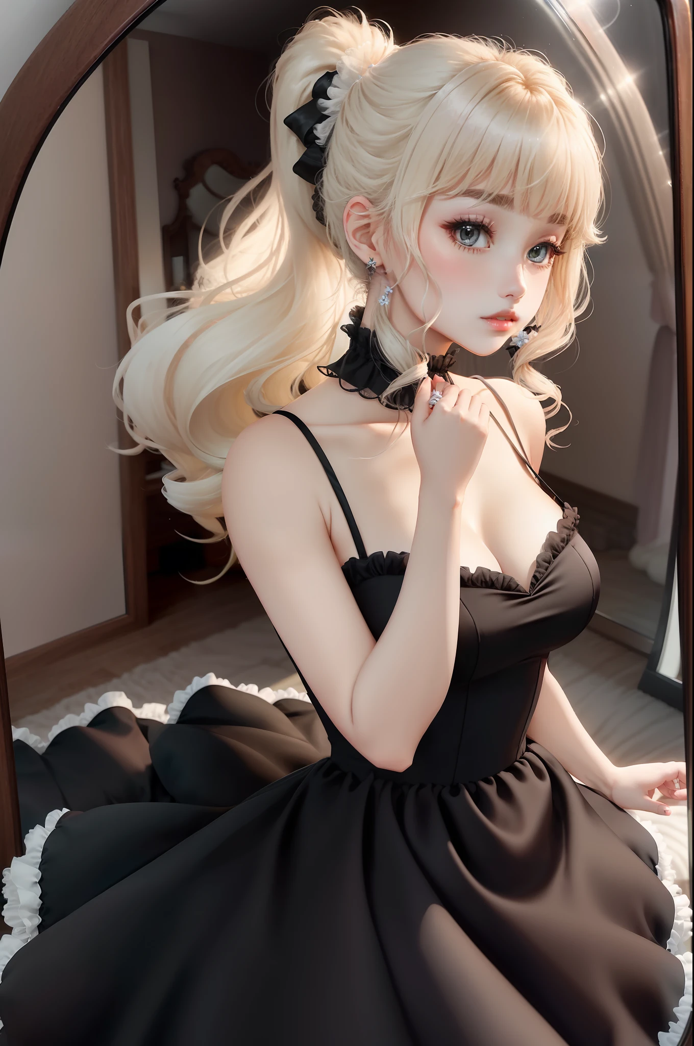 Princess　A Princess　Soft　Good style best quality(Highest Quality) , High quality(hiquality)　Black fluffy dress blonde with soft hair　corolla　Ponytail The whole body is reflected Very delicate tone and good atmosphere