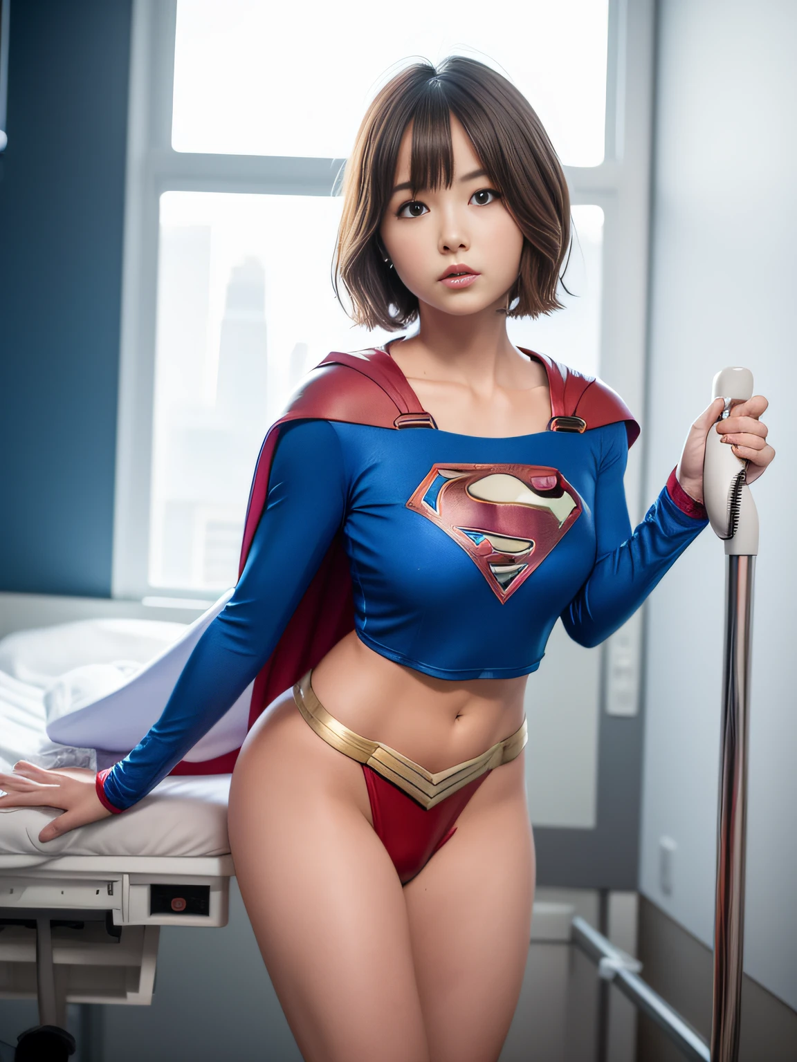 masterpiece、Short-haired Supergirl、Intensive care unit、Operating table、Ultra mini skirt、bare-legged、Looking at the camera、Glossy costume、up chest