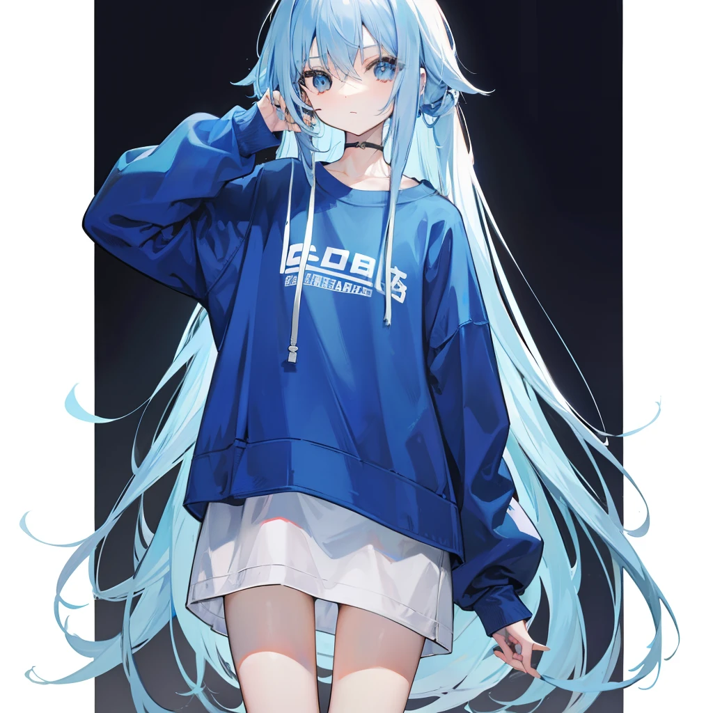 Long fleshy blue hair，Loose and simple sweatshirt，It looks small and cute