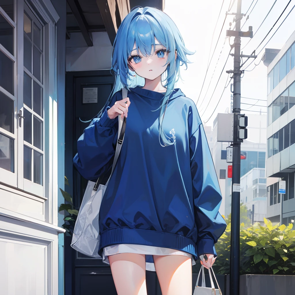 Long fleshy blue hair,Loose and simple sweatshirt,It looks small and cute