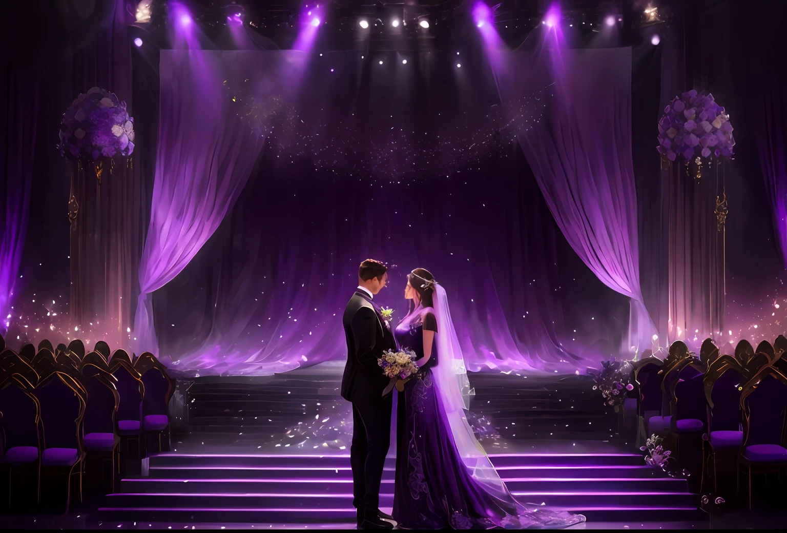 There is a wedding ceremony，A couple standing on stage, Wedding, purple color-theme, stunning arcanum backdrop, glittery wedding, Ethereal and dreamy theme, luxurious wedding, detailed scene, tiffany style, purple color-theme, violet theme, foreground background, fey, Detailed scenery —width 672, Stage background, fairy tale setting, fairy tale style background