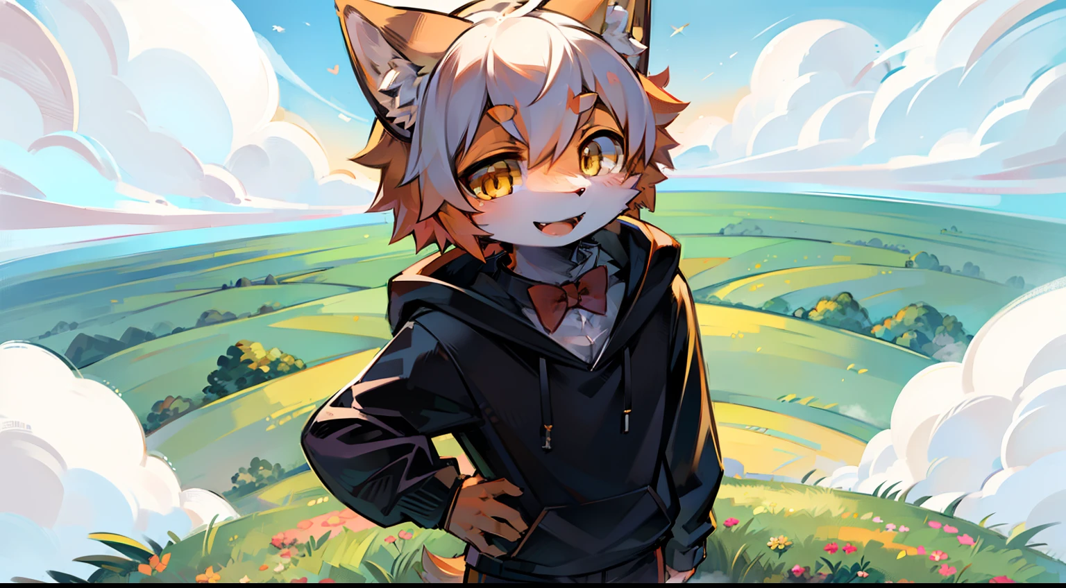 Solo, kemono, femboy, orange and white hair, yellow eyes, wear black hoodie, wear black boxer, wear red bow tie, look at camera, smile open mouth, standing in green meadow, medium flower count, big cloud, daytime, high view