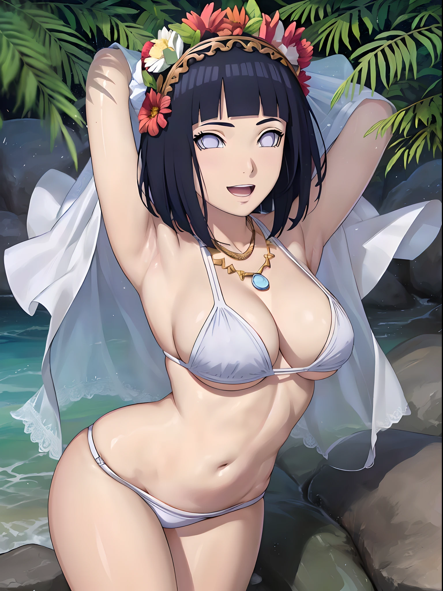 (WALLPAPER, masterpiece, 1k, anime style:1.9, laying on flower bed, (navel, dirty armpits, groin), contrast lighting, (detailed beach background, (lean forward), big breasts, big boobs, open mouth, high color saturation, bold lines, bold drawing lines, (strong arms, flat belly, groin), detailed bold arm lines), (strong arms, thick arms, detailed shoulders), strong light on body, plain, bare body, (large breasts, perky boobs), minimum clothing, taking off shirt, bare shoulders, off-shoulders, bare chest, (very tight pure white tiny bikini, wedding veil, white flower wedding tiara, long white gloves, white leg flower band, gold necklace), no shirt, showing off), hinata\(boruto\), mature female, sunbathing, milf, (curvy:0.8), solo, (short hair, hime cut), (dark blue hair color:1.1), white, flat belly, perfect eyes, white sciera, white eyes, anime eyes, smoky eyeliner, eyeshadow, perfect face, shy, sharp focus, professional artwork, intricate details, colorful, vibrant colors, vivid colors, digital blending, ultra detailed body, ultra detail hair, ultra detail face, trending on pixiv, kind smile, shy, very hot colors, sunny day, outdoor,