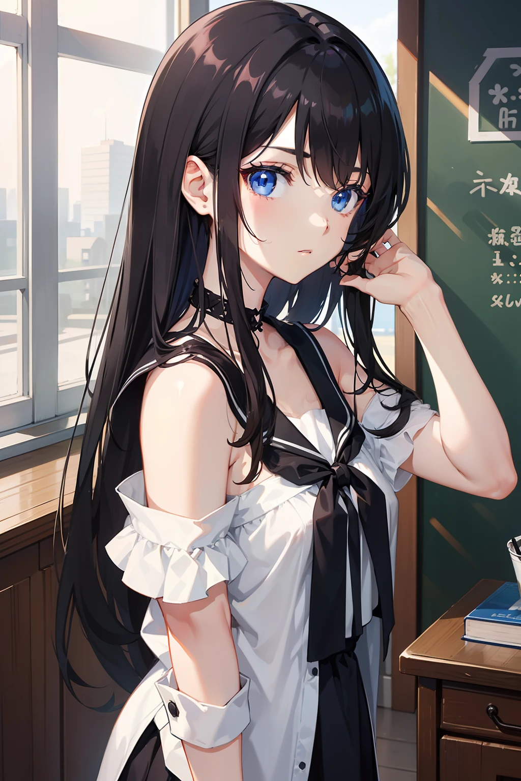 absurdres, RAW photo, extremely delicate and beautiful, masterpiece, Best Quality, ultra high resolution, 32k, hyperrealistic, ultra-detailed, in her 20s, delicate facial features, tearful mole, earring, medium breasts, full body shot, shorter middle black hair, short pencil skirt, button up shirt, black shirt, sleeveless,