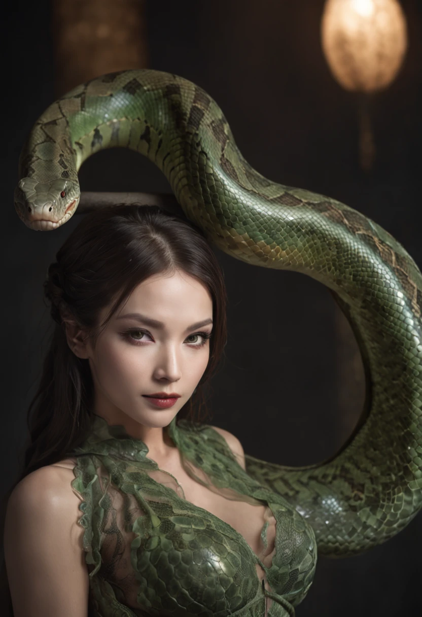 1 beautiful woman, (Many snake hair:1.2), Seductive gaze, sensual lip, Flawless skin, Long eyelashes, piercing eyes, Green scales, Elegant serpentine movements, (snake tongue:0.8), Enchanting smile, Flowing hair, (poison fangs:1.3), Seductive charm, (The snake wrapped around her body:1.5), mythological creatures, Fabulous setting, Dark forest, Moonlit Night, Spooky atmosphere, (Misty atmosphere:1.2), fantasy, Sexy temptation, (Snake scale pattern dress:1.4), (Luminous snake eye accessories:1.2), Magical powers, (Snake hissing), big breasts enchanting, Dangerous beauty, Surreal, Otherworldly, mysterious, (Suspended snakes:1.3), Reptilian goddess, Fascinating presence.