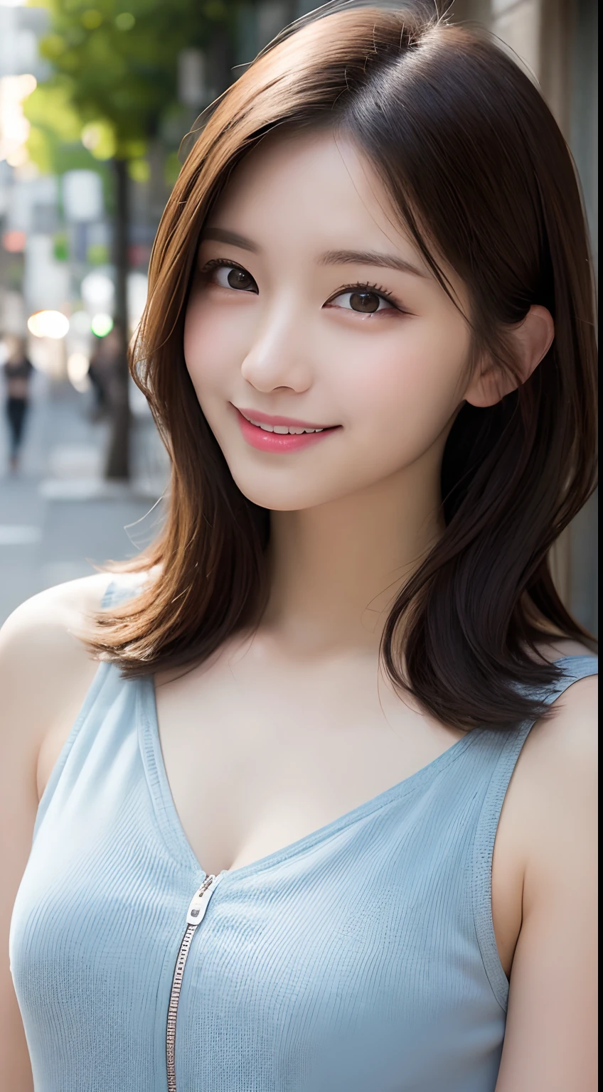 masutepiece, Best Quality, Illustration, Ultra-detailed, finely detail, hight resolution, 8K Wallpaper, Perfect dynamic composition, Beautiful detailed eyes, doress,Medium Hair, Big breasts, Natural Color Lip, Random and sexy poses,Smile,Aoyama Street Walk、20 years girl