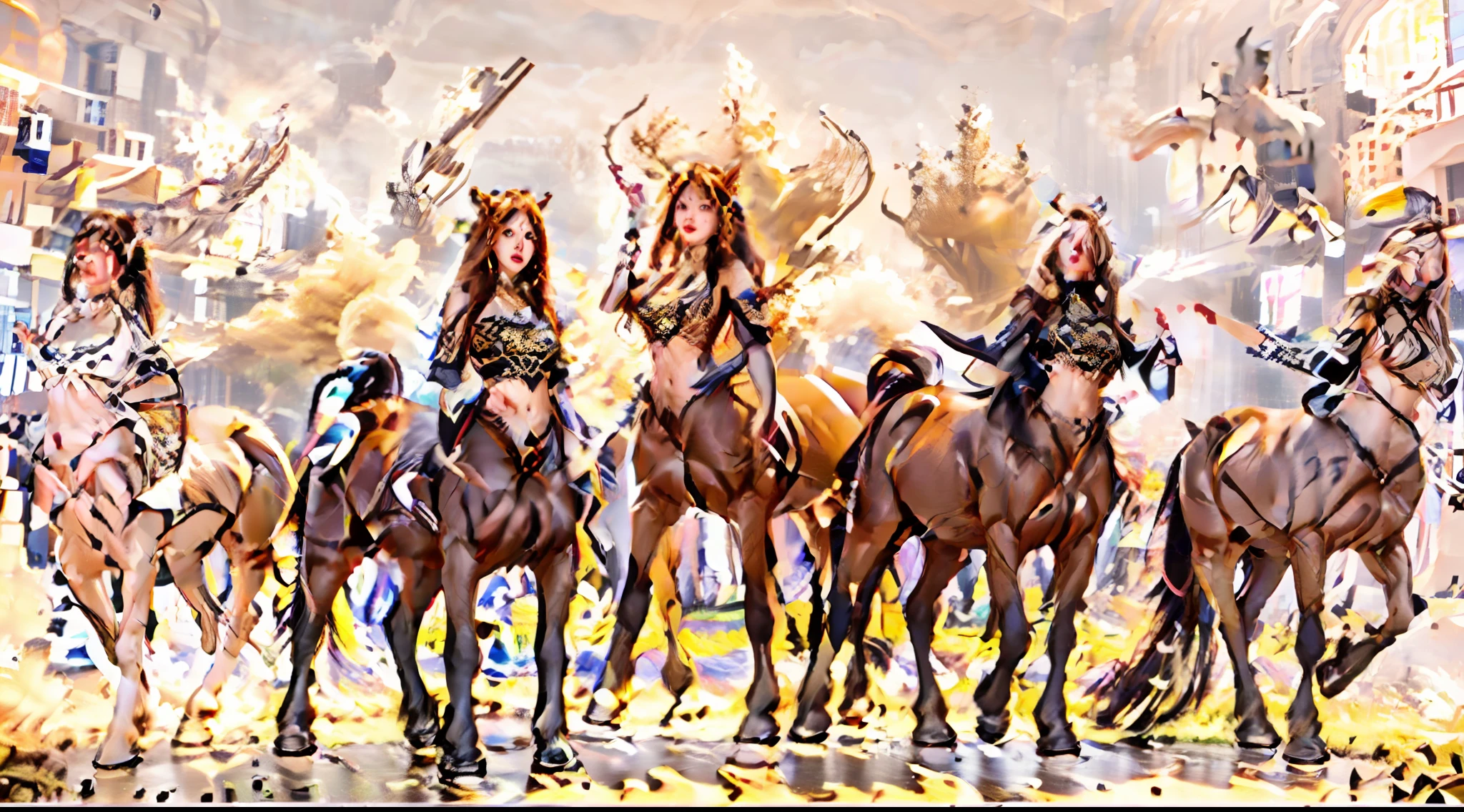 In this beautiful illustration，Eight unique female centaur characters are shown，They all have their own characteristics，Vivid and interesting。Radiant angelic centaurs from the heavenly realm，To the hellish centaurs surrounded by nightmarish flames，And then to the Wind Immortal Centaur dancing in the air，Unicorn centaur surrounded by lightning，Mechanical centaur in mechanical style，Dragon centaurs，Elf centaurs，Tiflin centaurs，Each character has their own unique charms and abilities。The illustration uses advanced artistic techniques and tools，Divide the scene into sections by geometric arrangement，Each section corresponds to a centaur character，This makes more efficient use of space。Through Midjourney's advanced brush tools、Color palette、Material packs and model packs，Exquisite costumes and equipment are designed for each centaur，Enhances the character's personality and visual appeal。The scenery in the illustrations is stunning，There are changing skies、rainbowing、extreme light、Stars and Moon。Incorporating iconic landmarks such as Mount Everest，and fireworks、tranquil lake、Natural and urban elements of waves and neon lights，Creates a magical atmosphere。The centaurs showed off their skills and equipment in a variety of environments，This is true even in extreme alien landscapes。Midjourney's tools make depicting details vivid and realistic，From intricate hairstyles and clothing to authentic textures，Enhances the realism of the characters and surroundings。The fusion of multiple art styles adds movement to the centaur's movement at all angles，The overall visual experience is further enriched。The final illustration was described as a "masterpiece"，It has the characteristics of "best quality" and "realistic"，The details put into the creative process are shown、Level of creativity and craftsmanship。Ultra-grand scenes，super wide shot， hdr，（真实感，Masterpiece quality，best qualtiy）