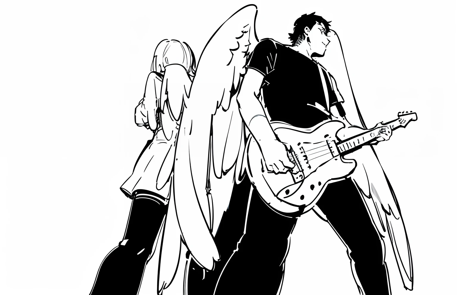 Drawing of a man with a guitar and angel wings, Guitarists, line art!!, concept piece, Playing the guitar, swinging, Sketch sketch, Jam to music, heavy outlines, Wearing a guitar, Naka Bokuhnen, Fan art, Contour drawing, Simple lineart, wings, Growing out of hand, line sketch!!, line sketch, Animatic