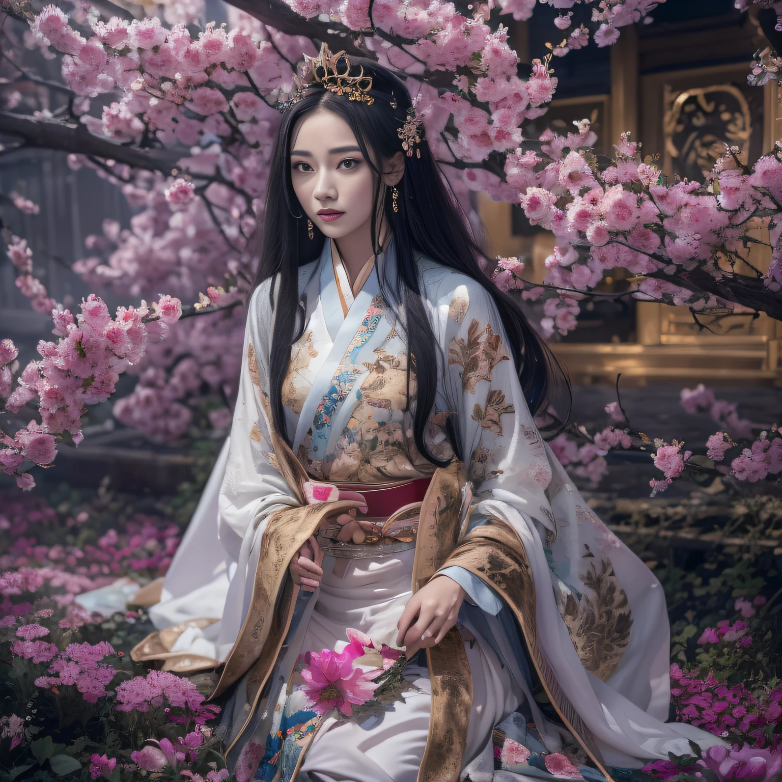 A woman in a white and gold dress standing under a tree - SeaArt AI