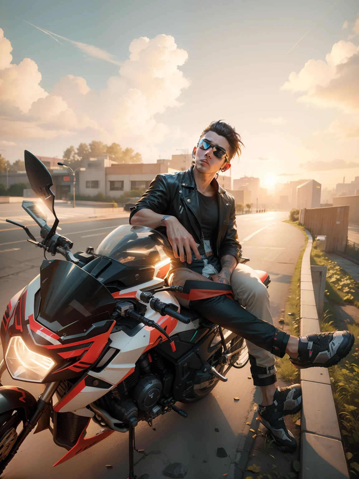 Change background cyberpunk handsome boy, realistic face, 8k, ultra realistic,change bike