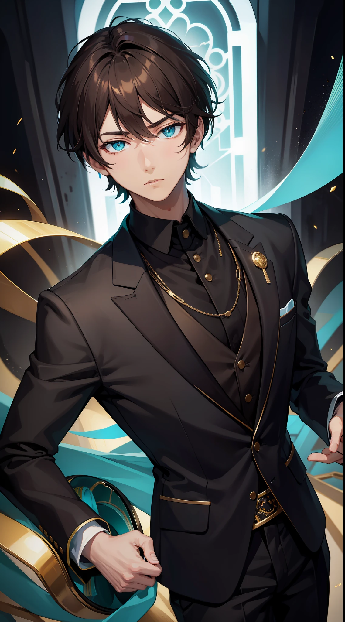 Young guy, short brown hair, Cyan eyes, Black suit with gold elements, Masterpiece, hiquality