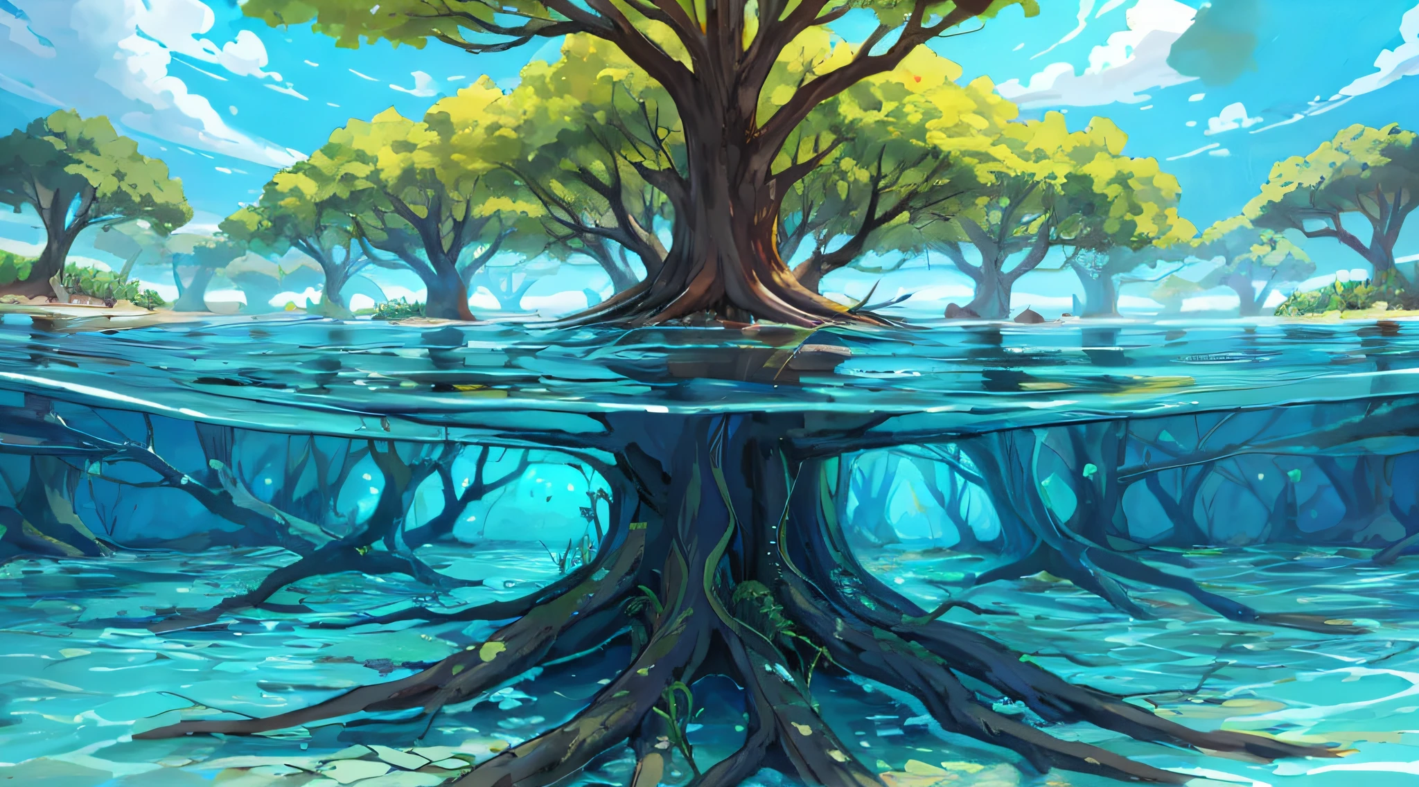 A painting of a tree,The roots are in the water