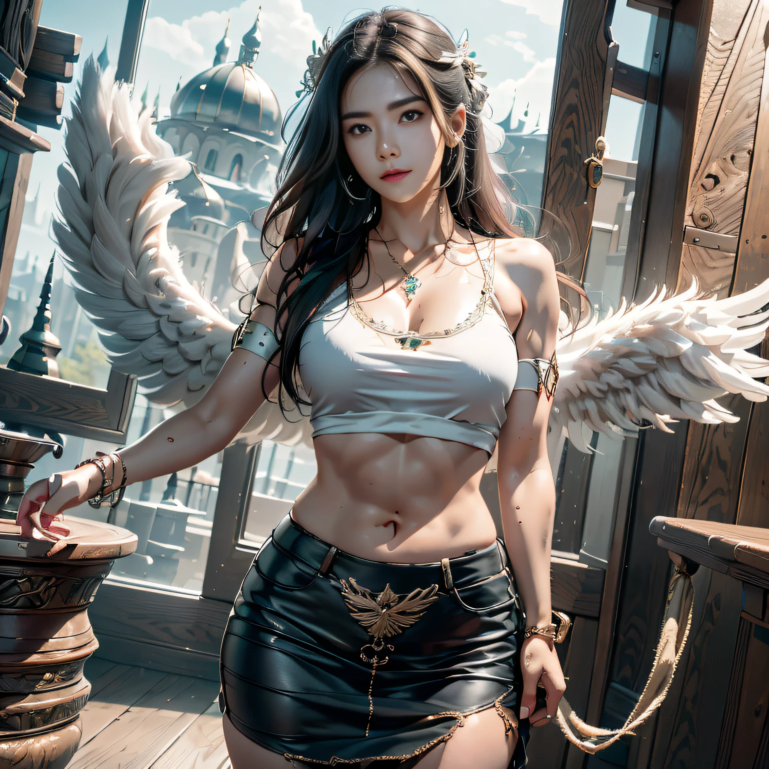 hyper HD, Anatomically correct, retinas, Super detail, Award-Awarded, Best quality, High details, Textured skin, Masterpiece, ccurate, High quality, A high resolution, 8K，1girl in, 独奏, offcial art, Unity 8k wallpaper, ultra - detailed, prettify、Aesthetic, tmasterpiece, top-quality, Photorealsitic, A female angel、It has 6 large glowing white wings on its back:2.0、Wings of a bird of prey、Blazing Angel、Silver armor:2.0、Glow-in-the-dark imprint，Glow-in-the-dark imprint，Silver gauntlet、Silver Solette、White fabric、Hair ornaments with small wings、Valkyrie、Very large wide sword、Glowing angel circle、angelic halo:2.0、Light magic、depth of fields, Fantastic atmosphere, calm color palette, Soft Shading、You can see the forest in the distance、See remote mountain castles、ellegance、Full body like、busty figure、Large full breasts、wide waist、Floating in the air:2.0、Flying in the sky:2.0、Fry high in the air、Sky on the steppe、You can see the castle on the hill in the distance